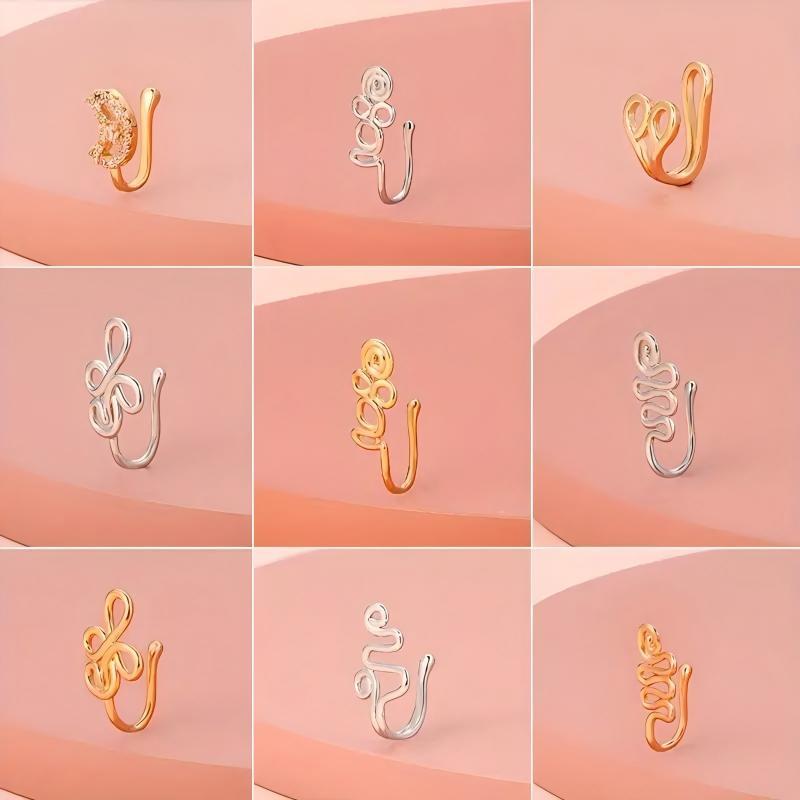 ARPURRAINA 9pcs Fashion Sparkle Fake Piercing Nose Rings Accessories - Copper & Stainless Steel Non-Piercing Clips (U-Shape, Star, Love, Crown, Cross) with Zirconia Rhinestones, Gold-Tone Punk Body Jewelry, Fashion Nose Rings,sohochic