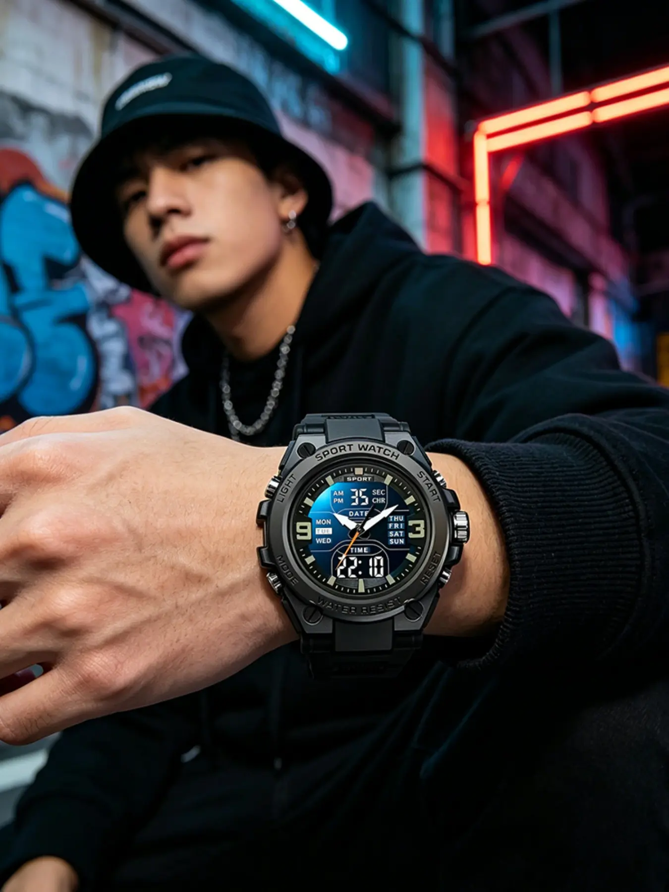 Men's Teenager School Student Trendy Multifunctional Night Light Alarm Waterproof Sports Watch, Analog Digital Quartz, Round Face, Blue Dial, Sporty Style, Luminous Alarm Wristwatch