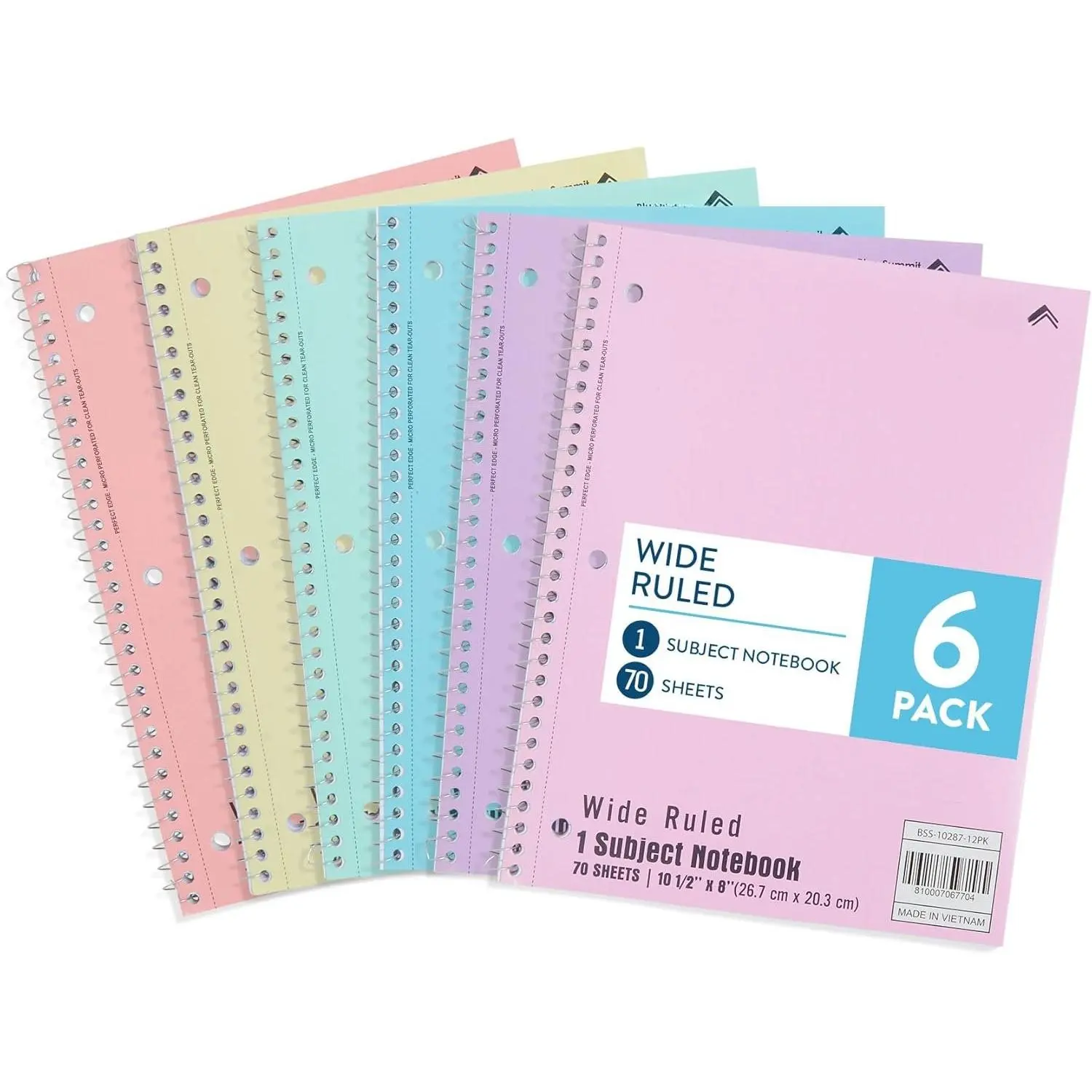 6 Spiral Notebooks, Wide Ruled,  Pastel Colors | 8 x 10.5 in, 70 sheets each, 3 hole punched, perforated, pastel covers, notebook paper for school and notes