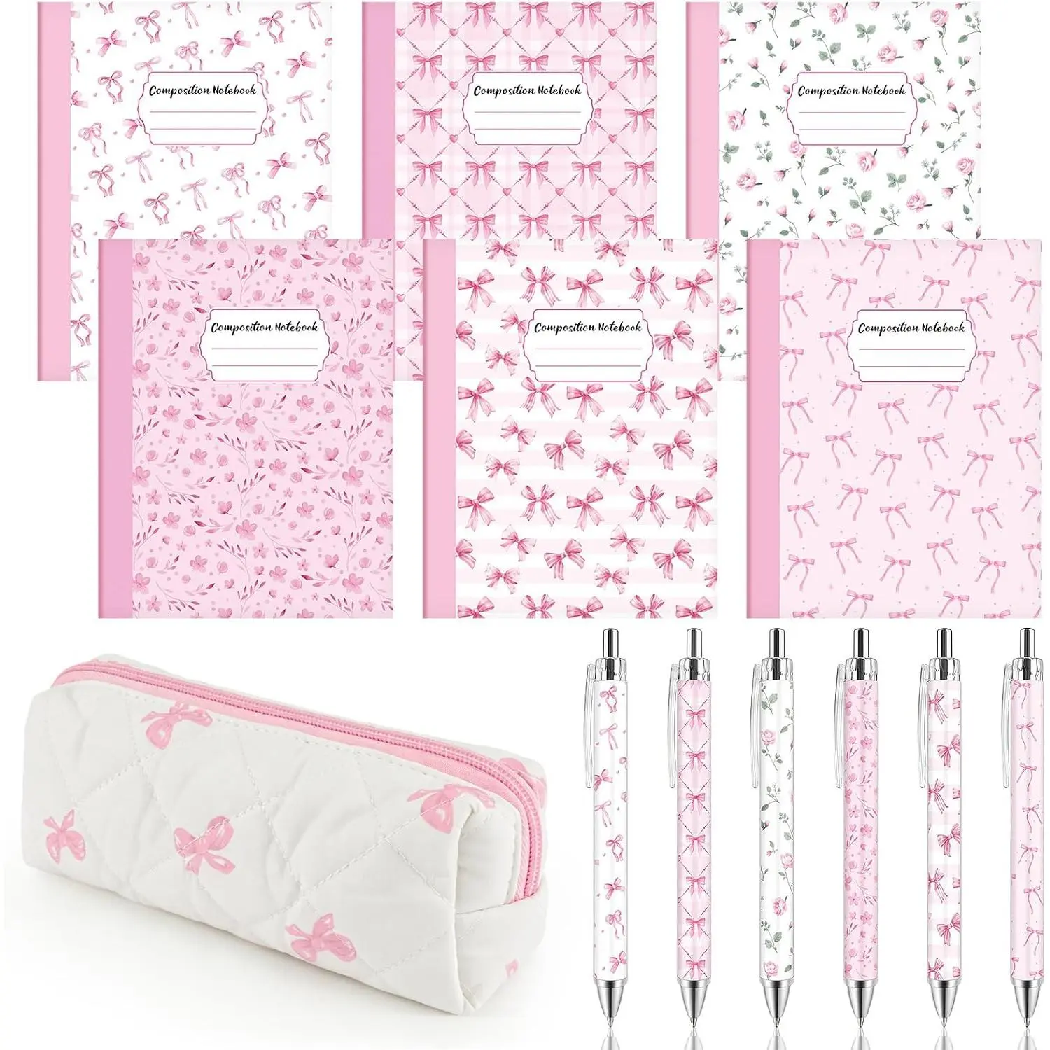 Bow Composition Notebook Set, Cute School Supplies for Girls |  to School Supplies, 6 Composition Notebooks, 6 Bow Pens, Pencil Case, Student