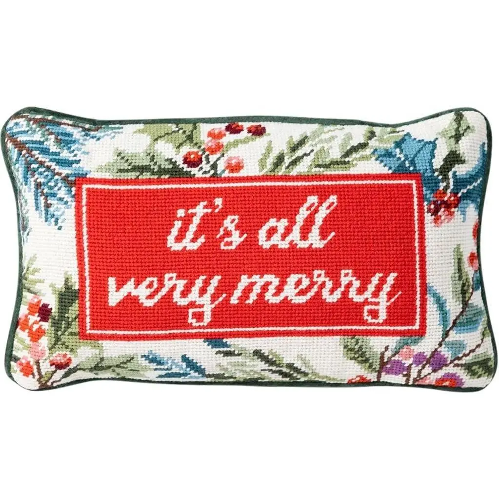 Christmas Pillow - Very Merry Needlepoint Decorative Throw Pillow, Christmas Decor, Holiday Pillow for Couch & Bed,   Decor, 9" x 15"