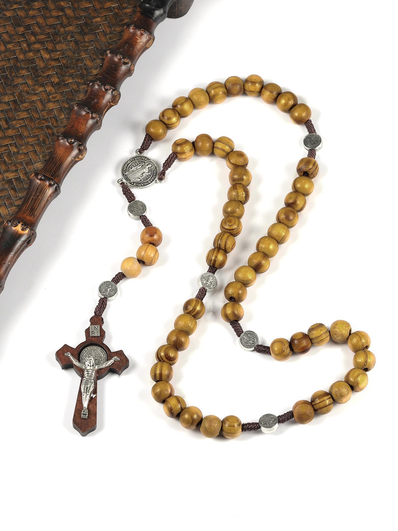 Vintage Wooden Beaded Rosary Necklace, Cross Pendant Necklace for Men & Women, Fashion Jewelry for Party, Daily Decor, Trendy All-match & Exquisite Jewelry for Birthday Gift, Cross Charm Necklace, Dainty Cross Necklace