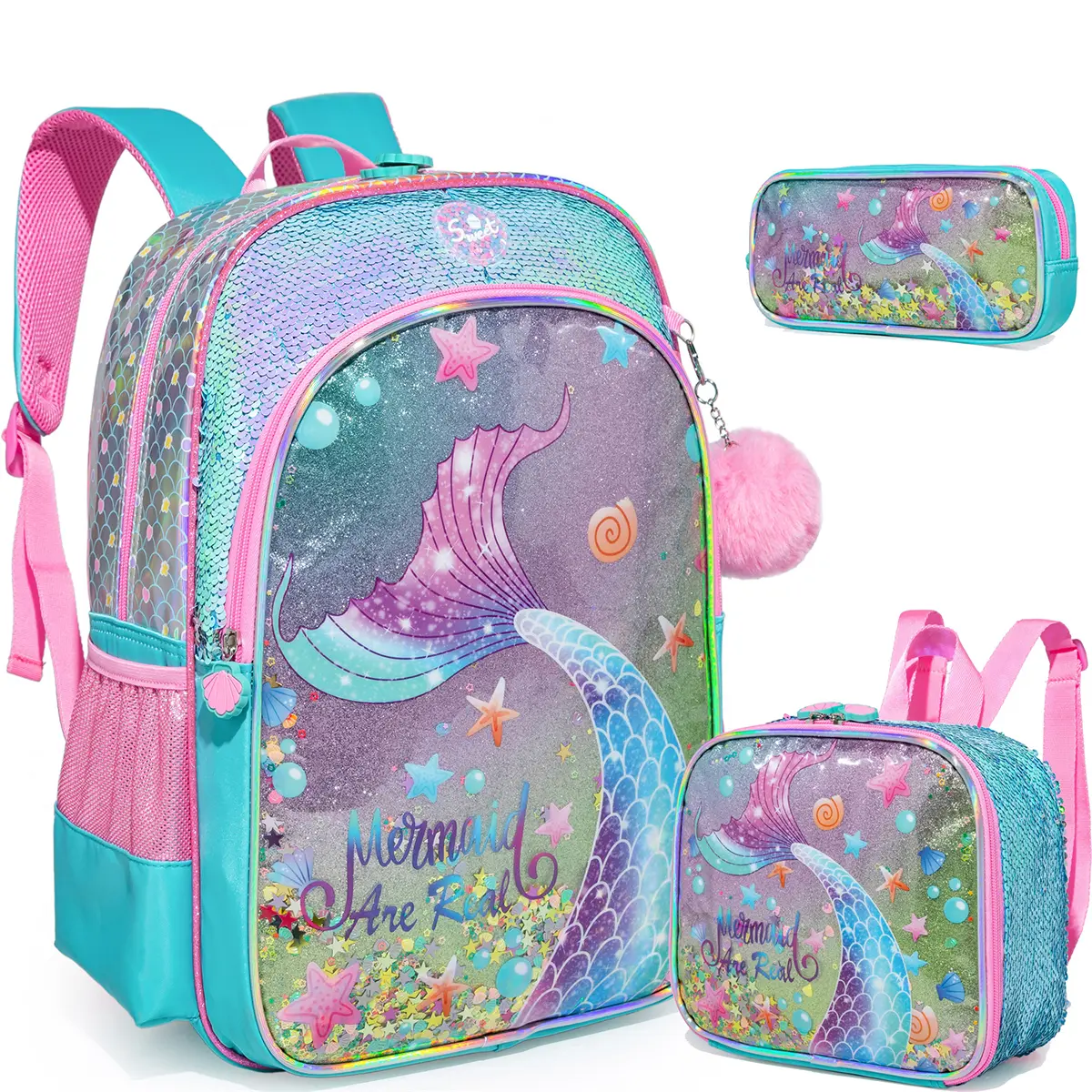 3-Piece Girls Mermaid School Backpack Set | Shimmering Sequins Glitter Bookbag with Lunch Box & Pencil Case | Kawaii Rainbow Mermaid Tail Travel Schoolbag for Kids, Elementary, Kindergarten