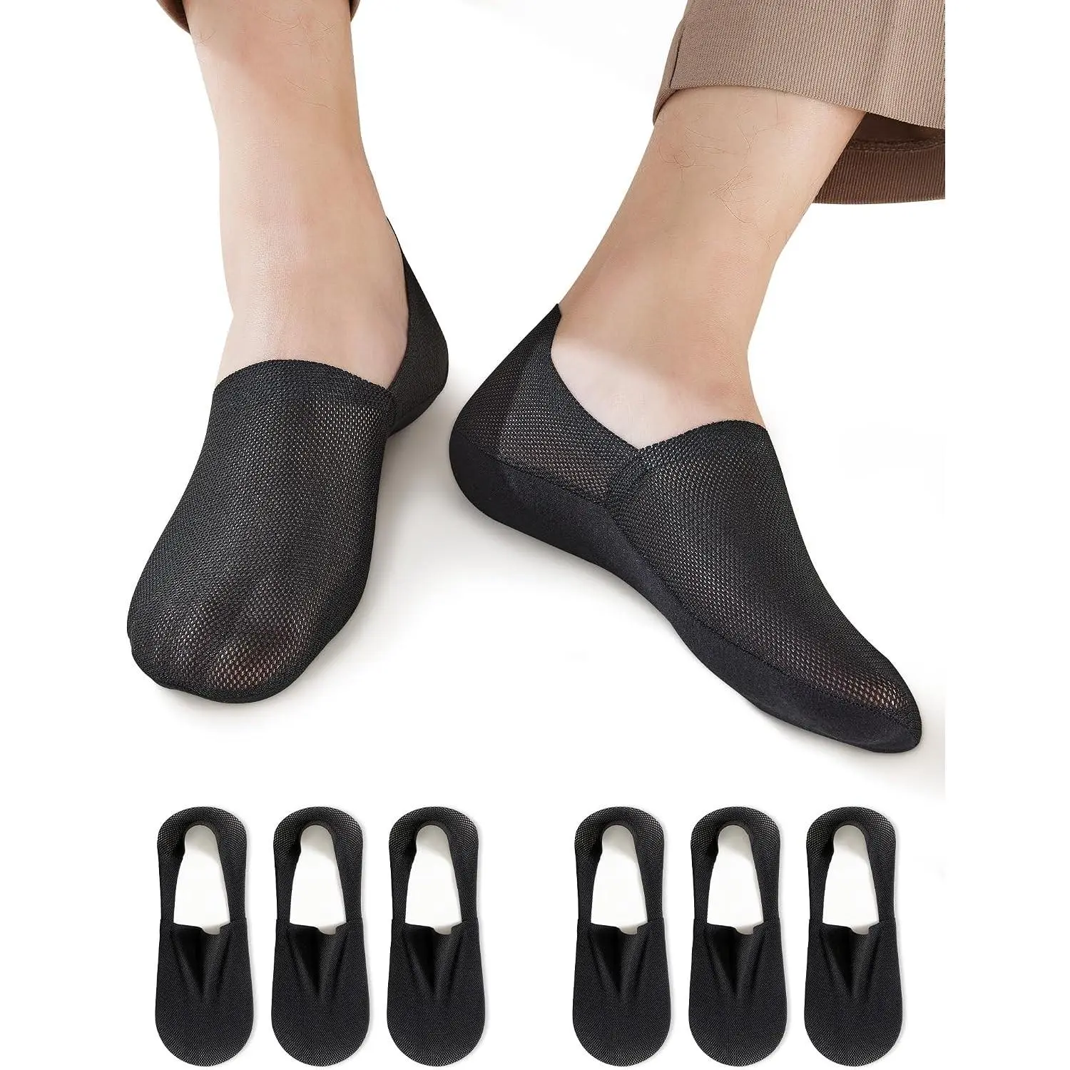 Mens Ultra-Thin No-Show Fabric Ankle Socks - 6 Pairs, Breathable Mesh, Anti-Slip, Invisible for Gym & Dress (Menswear Essential)