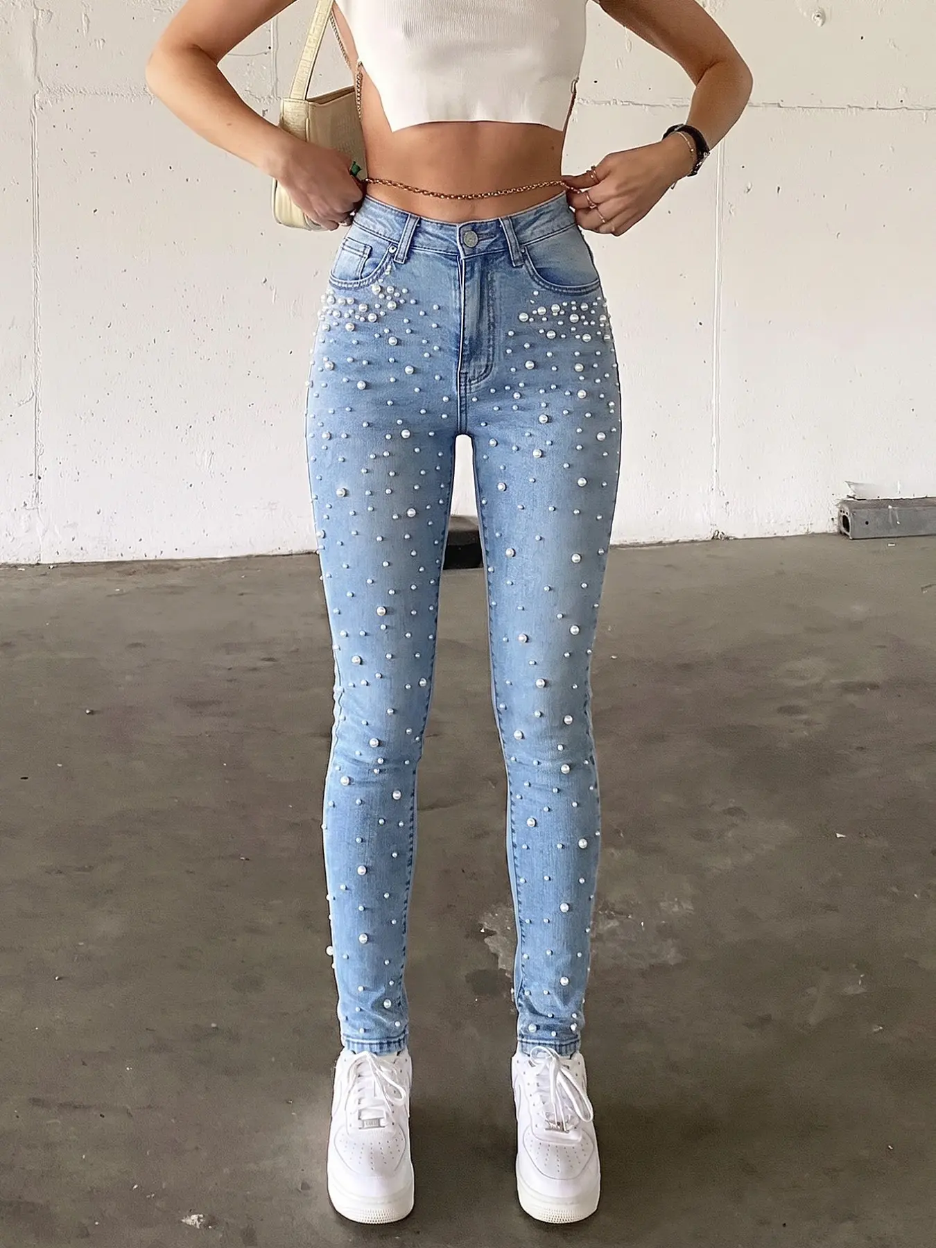 Women's Pearl Details Skinny Jeans, Low-Waisted High Stretch Cotton, Heavy Stone Wash Light Blue, Casual All-Season Fashion