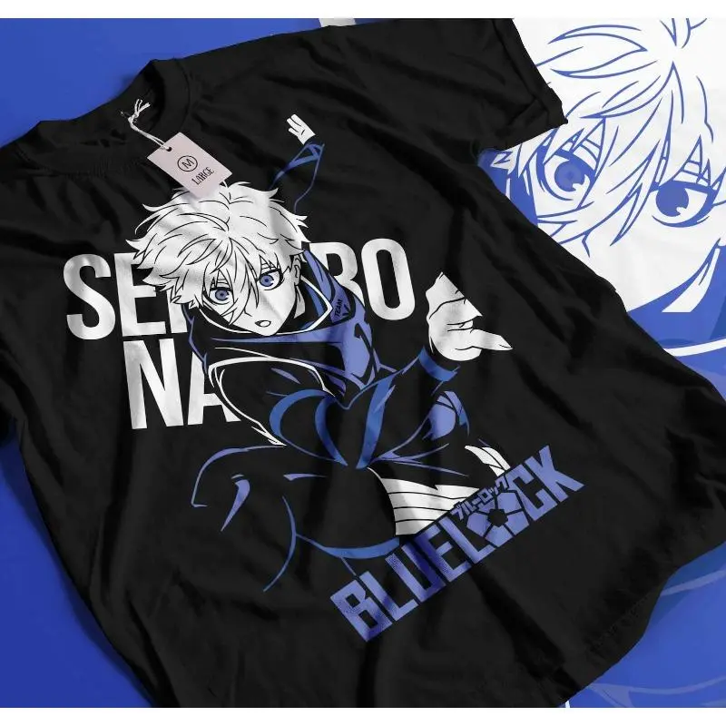 Vintage Nagi Seishiro Blue Lock Two-Tone Blue White Anime Front Print T-Shirt Japanese Anime
