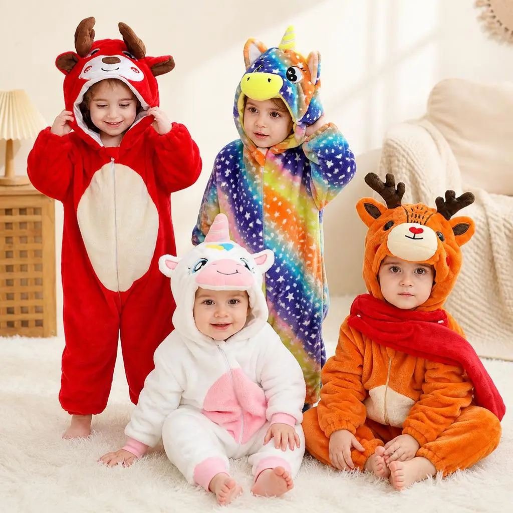 Kids Flannel Animal Onesie Pajamas Toddler Hooded Plush Bodysuit Costume Reindeer White Rainbow Unicorn Full Zip One Piece Sleepwear Halloween Christmas Cosplay Party Outfitfor Boys Girls