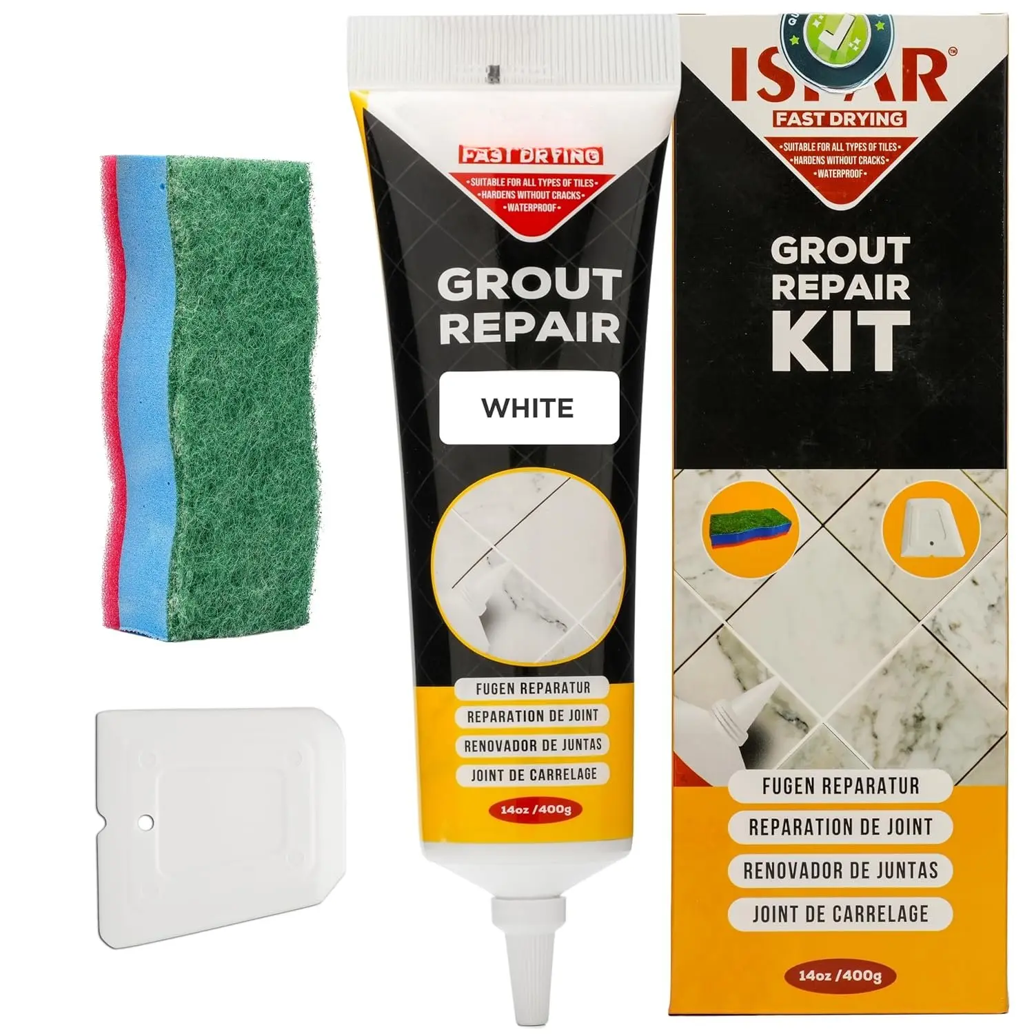 Tile Grout Repair Kit – White Grout Filler 14 oz Value Size, Pre- Grout Repair Paste,  to Use Tile Joint Filler for Bathroom & Shower Tile, Spatula & Sponge