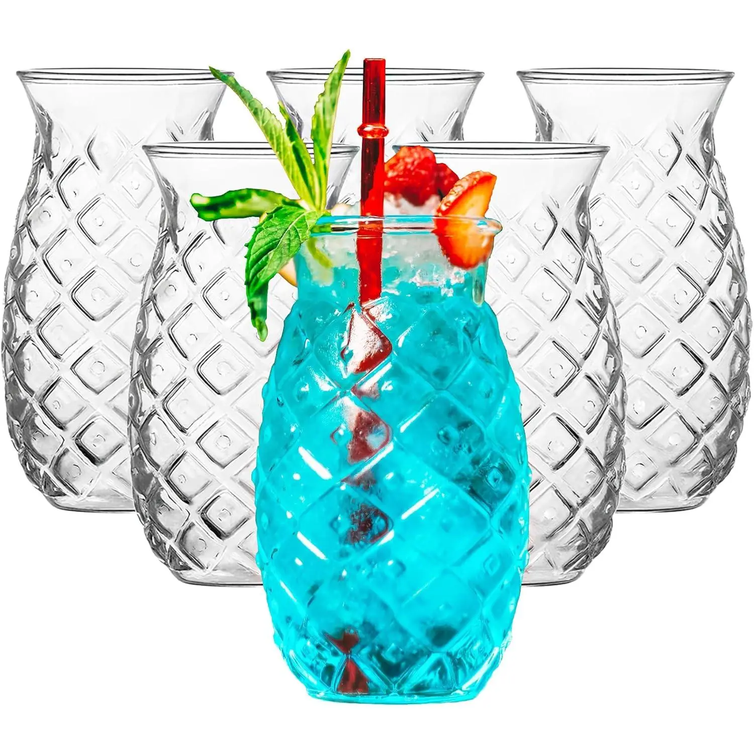 Set of 6 17Oz Pineapple Tiki Cocktail Glasses Hawaii Tropical Hurricane Drinking Barware for Bar Decor Outdoor Mixed Drink Ice Tea Wine