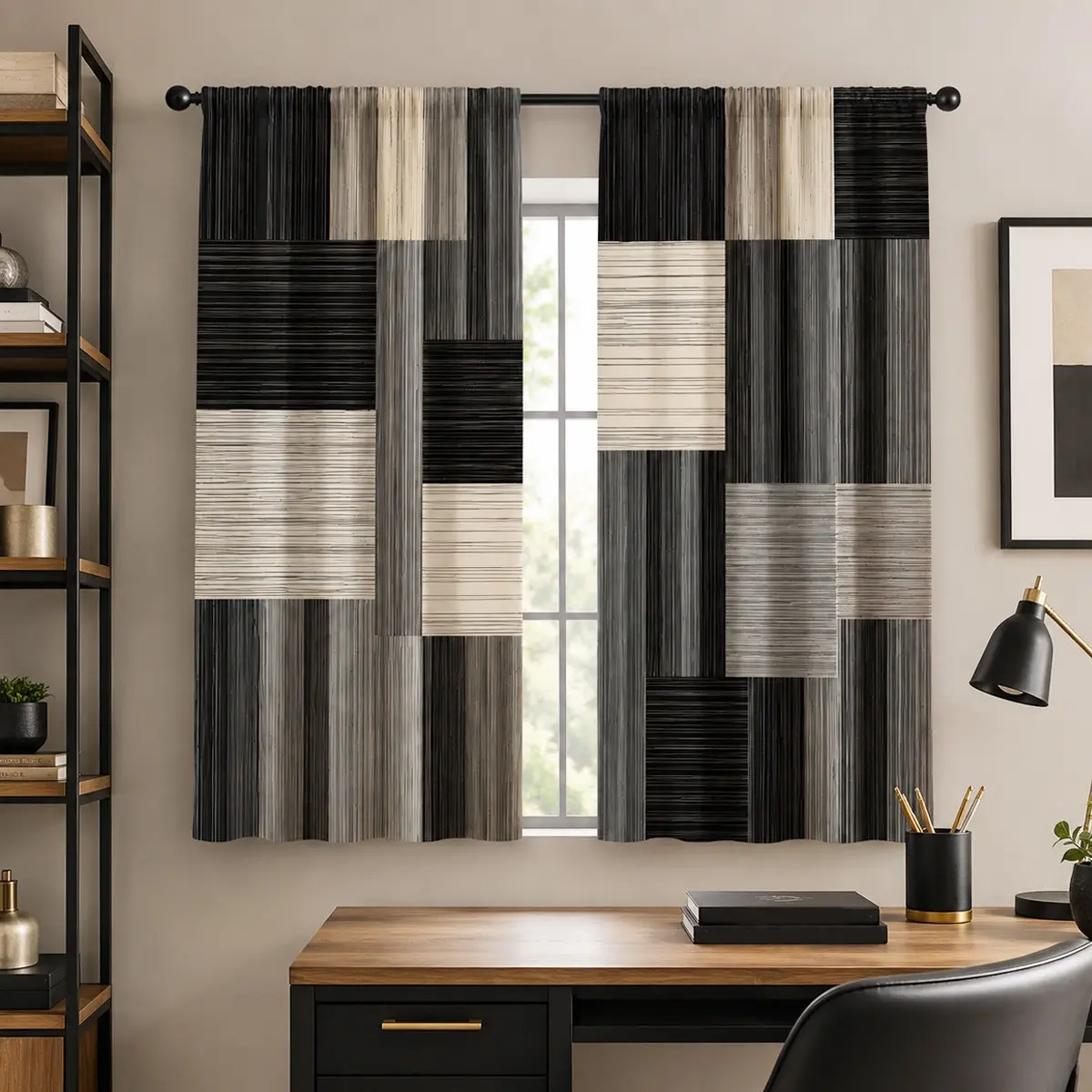 Minimalist Square Line Art Print Curtains, 2 Panels, Easy Rod Pocket Installation, Semi-Transparent Privacy Drapes for Bedroom Living Room Kitchen