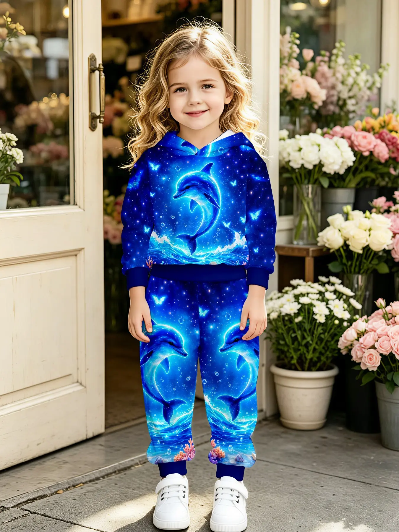 Girls' Deep Sea Starry Dolphin Hoodie Set, Blue Ocean Sparkle Wave Dolphin All over Print, Loose Fit Casual Two-Piece, Perfect for Parties and Gifts