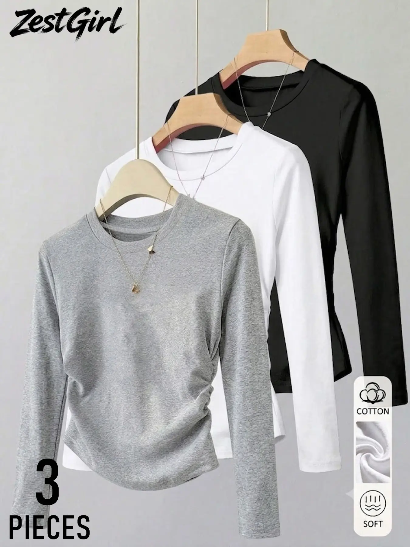 Three-Pack Women's Soft Cotton Round Neck Long Sleeve T-Shirts, Side Ruched Slim Fit Curved Hem Basic Top, Casual Streetwear Layering Shirt
