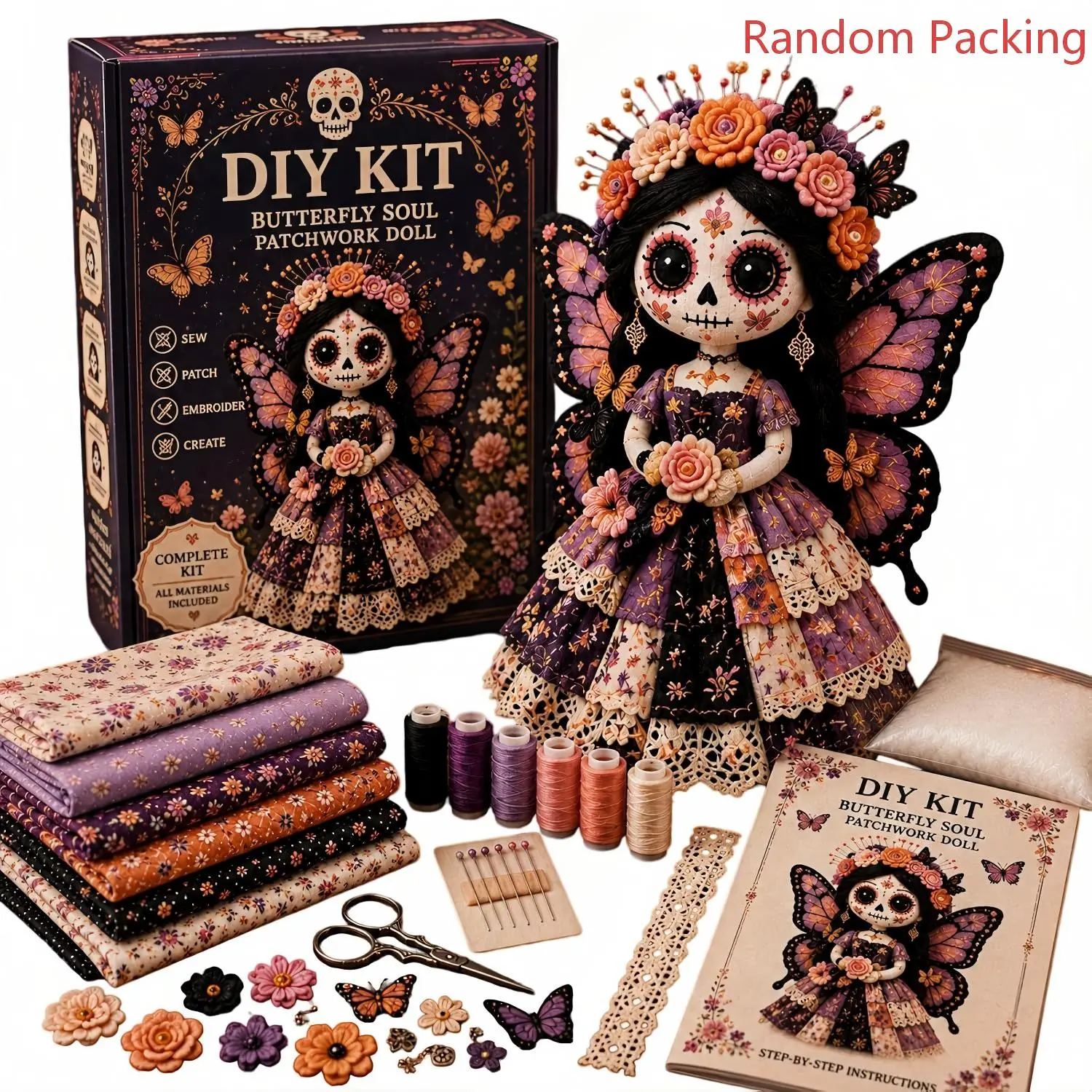 Day of the Dead Patchwork Doll DIY Kit, Halloween Craft Set, Creative Sewing Project, Perfect for Beginners & Enthusiasts