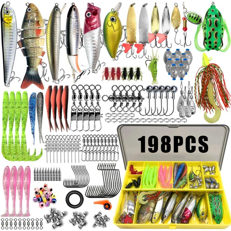 Artificial Fishing Lure Kit, 85, 117, 157, 198 or 375-Piece Fishing Lure Set with Spoon Lures, Soft Plastic Worms, Crankbait Jigs and Fishing Hooks, Fishing Accessories