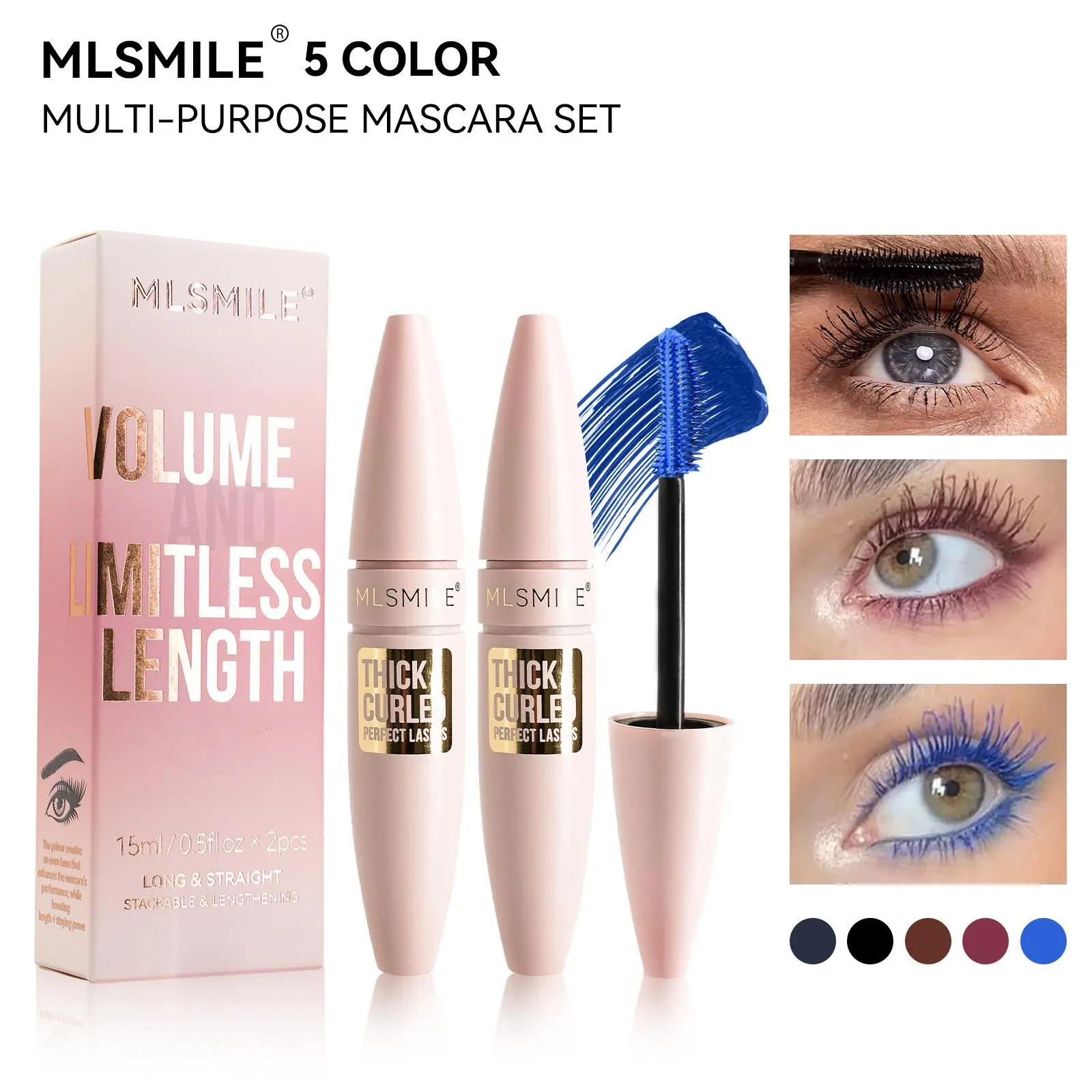 Long-Lasting Waterproof Volume Lengthening Mascara Set, Volumizing & Curling Formula, Ideal Gift for Dense Lashes, Blue Color, Essential Makeup