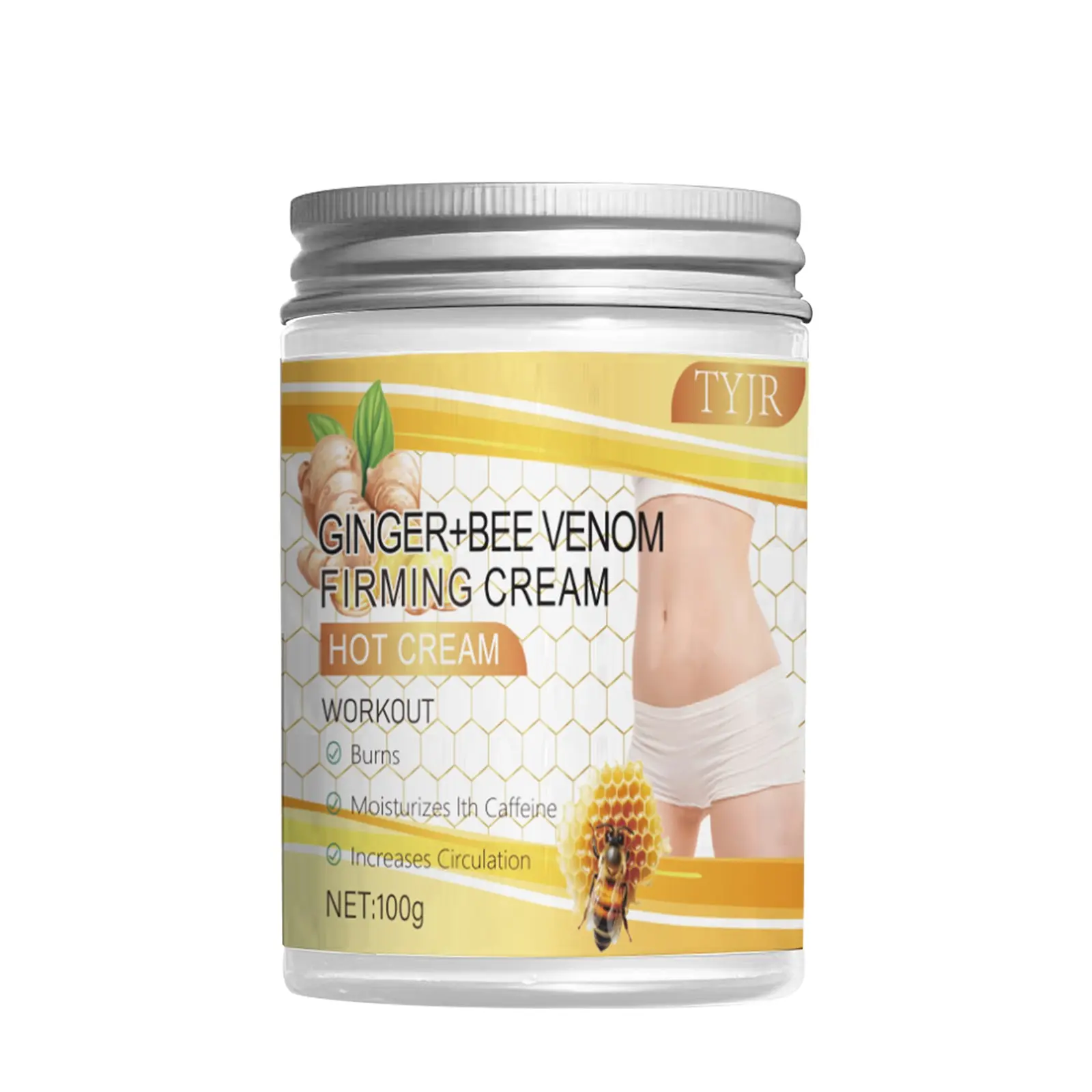 Yuitikue 100g Ginger Bee Venom Warm Firming Tightening Cream, Coconut Oil Hyaluronic Acid Body Balm, Moisturizing Massage Lotion Body Care