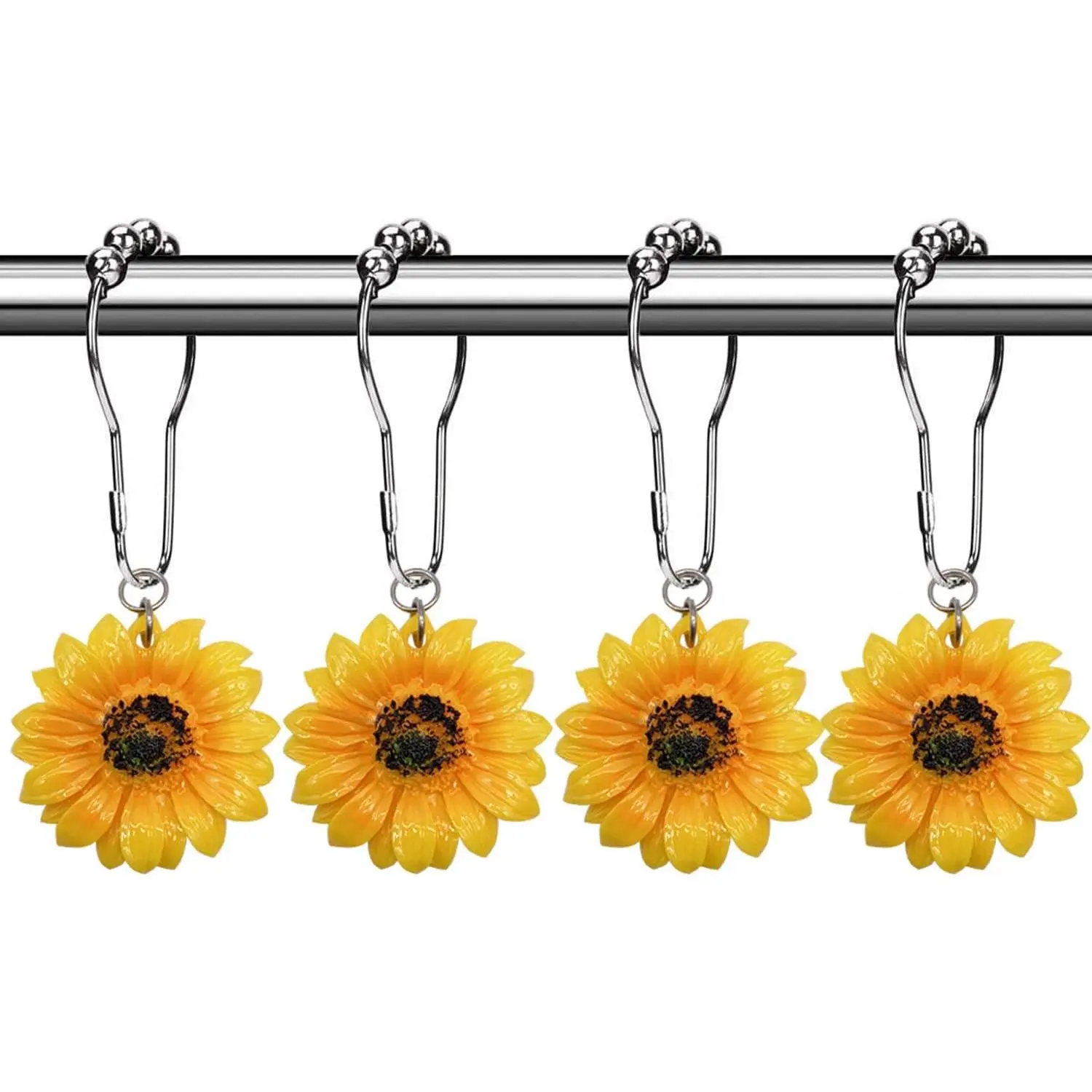 Stainless Steel Floral Shower Curtain Hooks Rings - 12 Pcs Daisy/Yellow Sunflower, Rustproof, Gliding with Engineered Spherical Balls, Pet-Friendly Bathroom Accessory for Bedroom Child Use, Living Room
