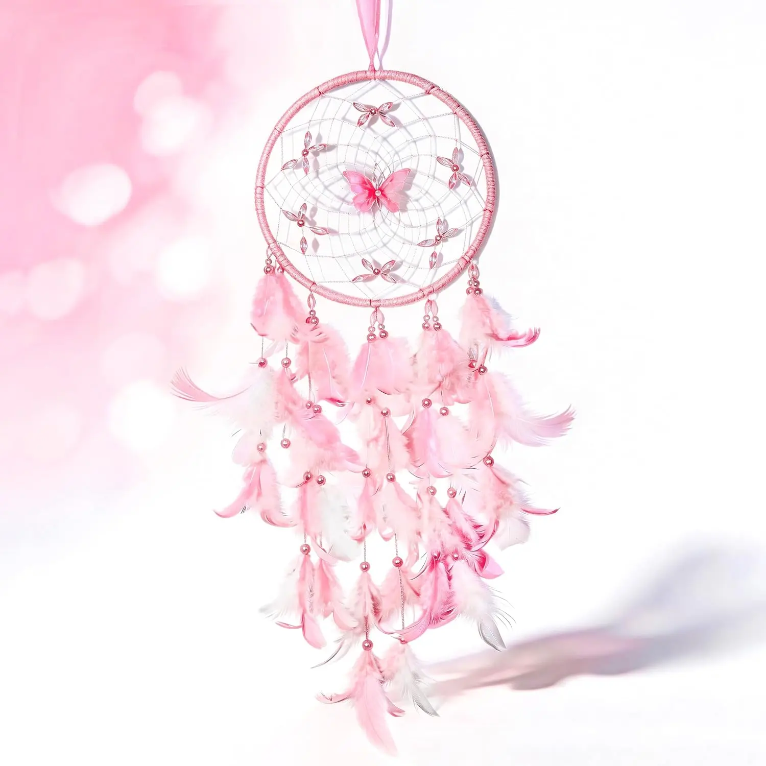Dream Catcher for Girls – Butterfly Center, Pink & White Mixed Feathers & Clear Beads, Pink Decor for Bedroom, Comes with a Decorative Box & White Raffia