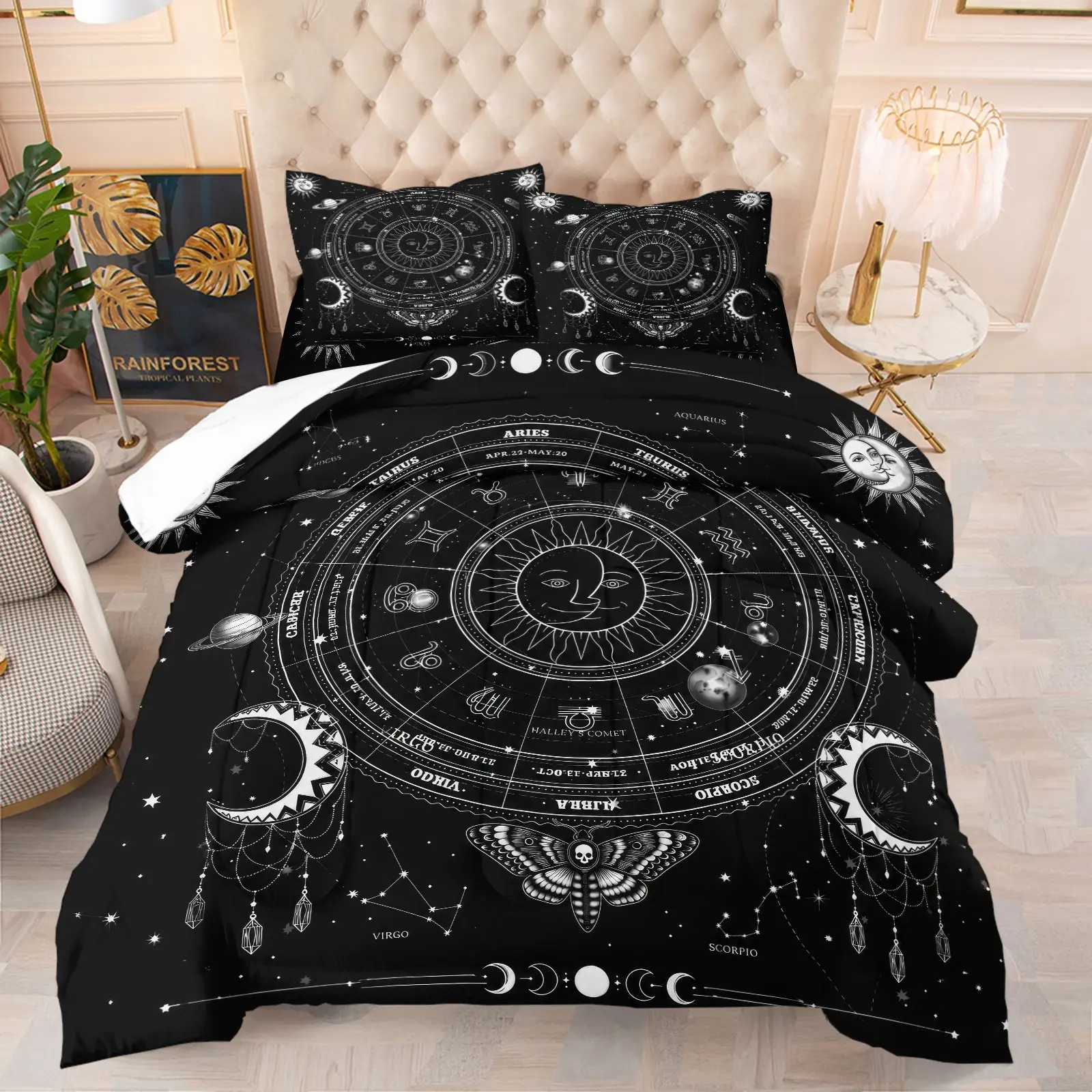 Black Vintage Zodiac Astrology Sun Moon Moth Comforter Set, 1 Comforter + 1-2 Pillowcases, Durable Soft Comfy Washable Bed Set, High Definition Digital Print, Mysterious Four Seasons Gothic Style, All People Bedroom Bedding