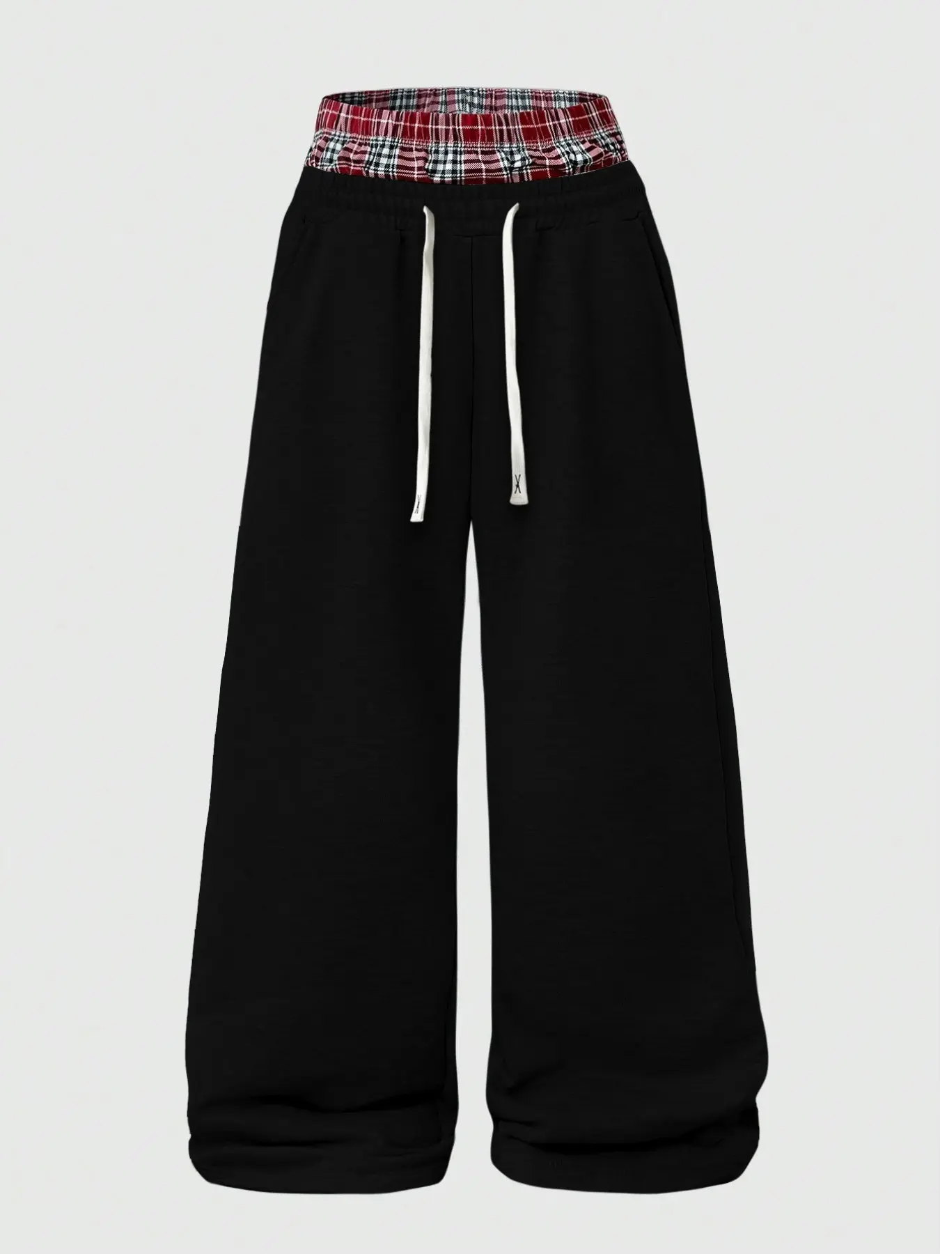 Women's Wide Leg Baggy Sweatpants, Plaid Double Layer Waist Adjustable Drawstring Loose Fit Casual Street Style, Pockets, All Seasons