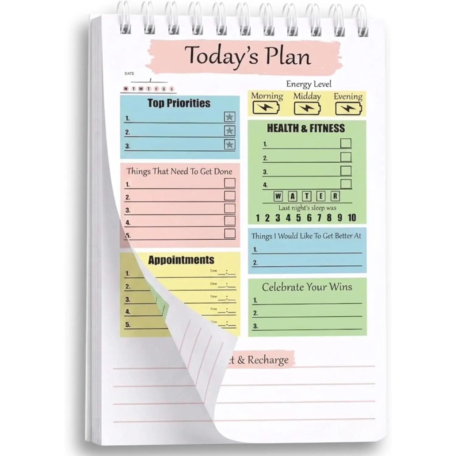 Daily  Notepad, Daily Notebook for Work, 6x9 Spiral Bound Productivity Notebook, Undated Daily Planner with Priorities, Appointments & Reflection, 120 Pages, 60 Thick Sheets, Focus Multi-Color