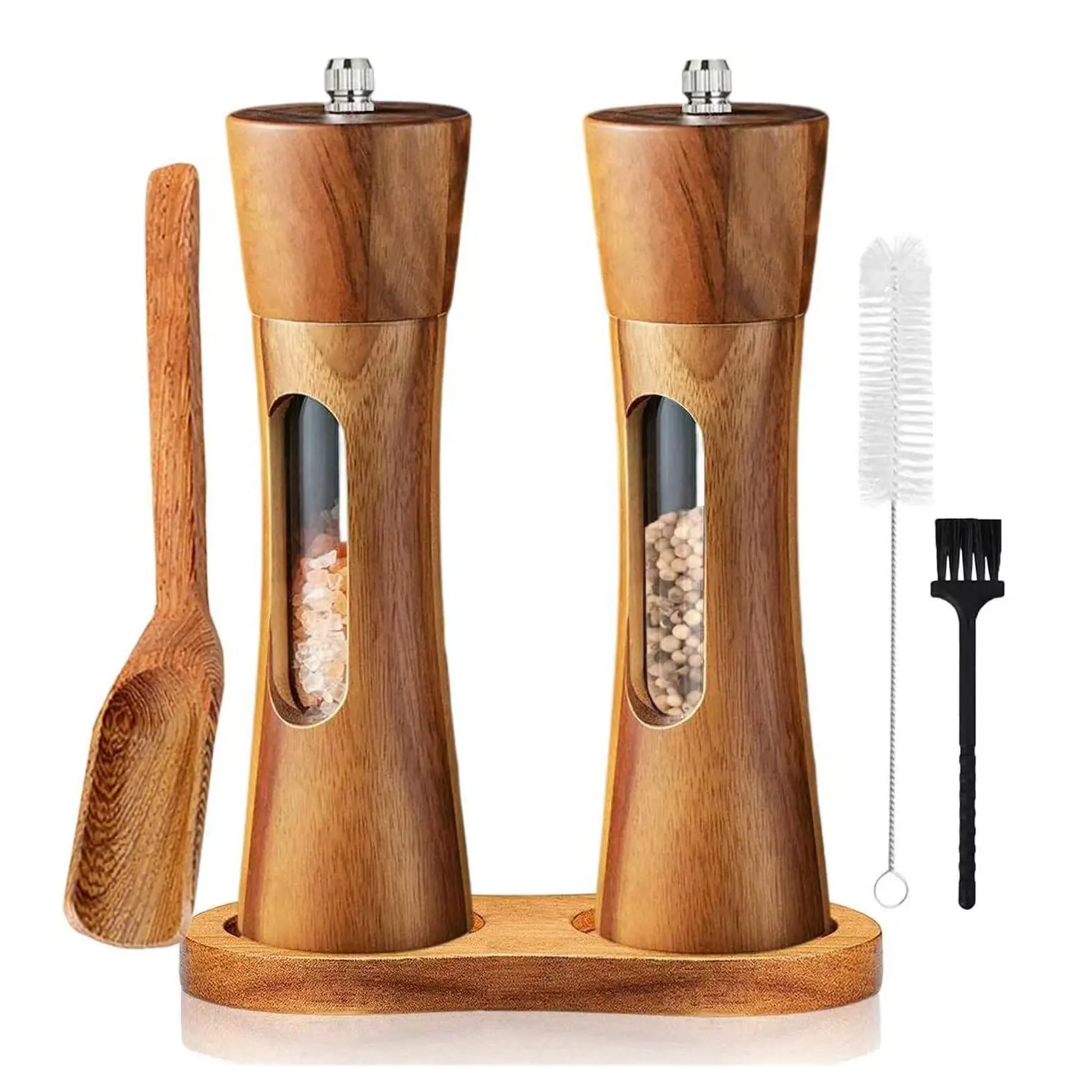 2-Piece Wooden Salt and Pepper Grinder Set, 8-Inch Manual Adjustable Grind, Ceramic Core, Transparent Window, Includes Spoon and Brush