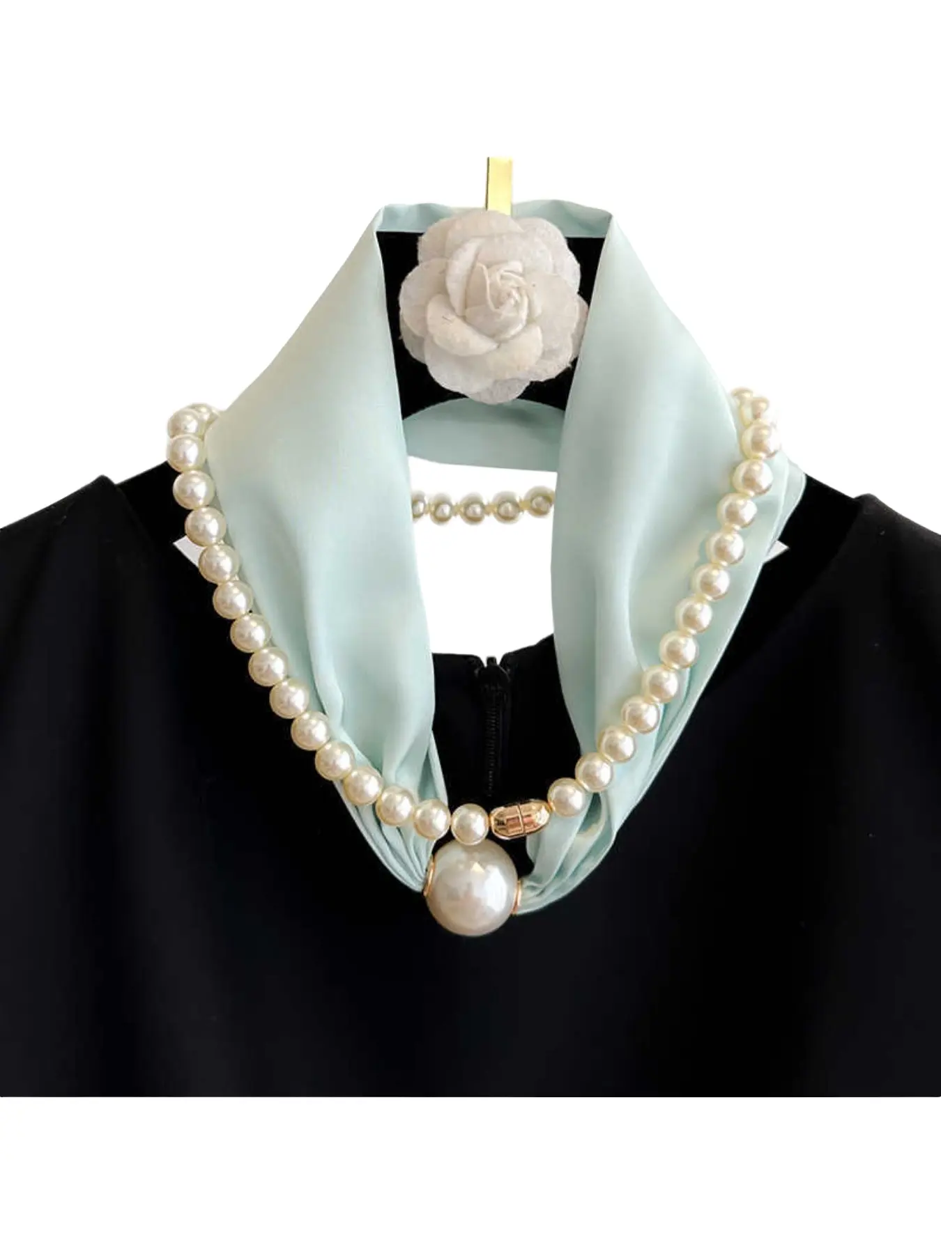 Spring and summer light and thin long decorative scarf for women, magnetic suction imitation pearl buckle neck collar, commuting shirt with neck protection scarf, Fashion Neck Shawl