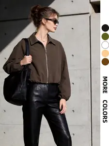 Women's Casual Everyday Solid Cropped Zip Jacket Vintage Turn-down Collar Long Sleeve Loose Short Coat Fashion Streetwear Outerwear For Spring Autumn