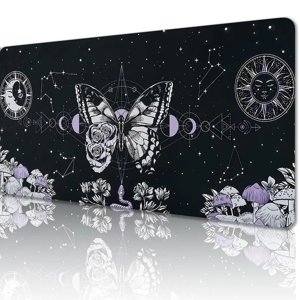 Aesthetic Butterfly Gothic Mushroom Moon Phase Galaxy Gaming Mouse Pad, Smooth Keyboard Mat, Stitched Edge Design, Non-Slip Rubber Base