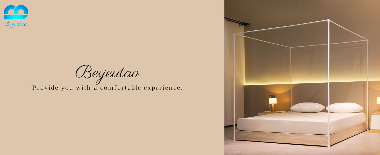 Queen Bed Frame - White Bed with Four Poster Frame, Net and Bed Curtains for Indoor or Play Tent