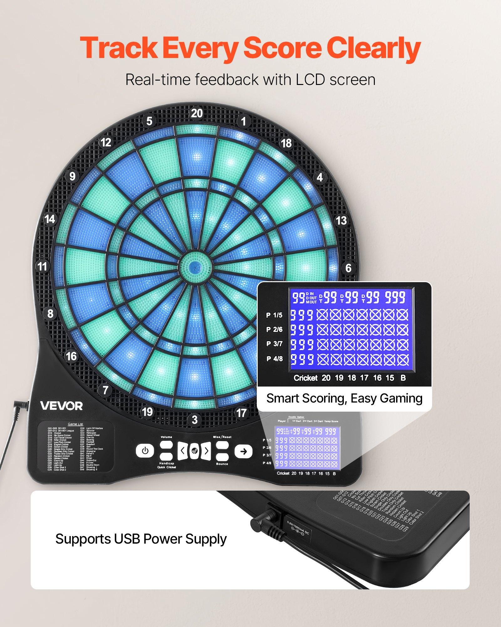 VEVOR Electronic Dart Board, LED-Illuminated Target Dartboard with 48 ...