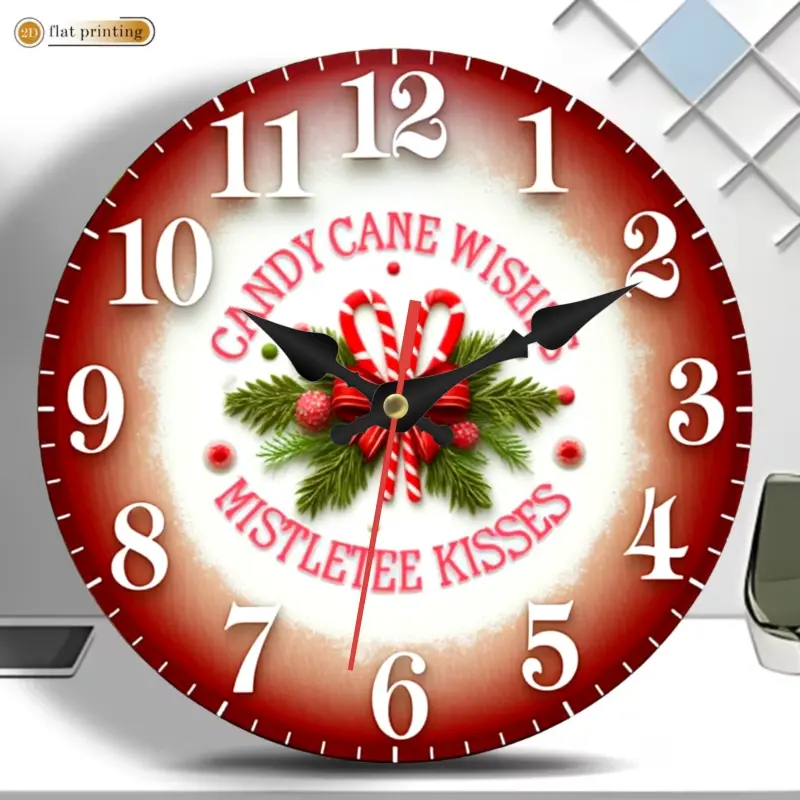 Candy Cane Wishes Mistletoe Kiss Silent Non-Ticking Wall Clock - Round - For Room, Christmas Decor, Home Low Voltage Clock - No Ticking Sound When Running