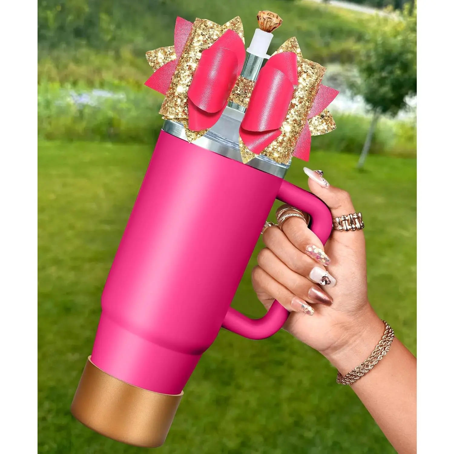 Bow Straw Topper with Cup Bootfor  40 30 oz - Glitter Bow and  Cover Caps with Bottom Protector 3 count Sets for Tumbler Accessories