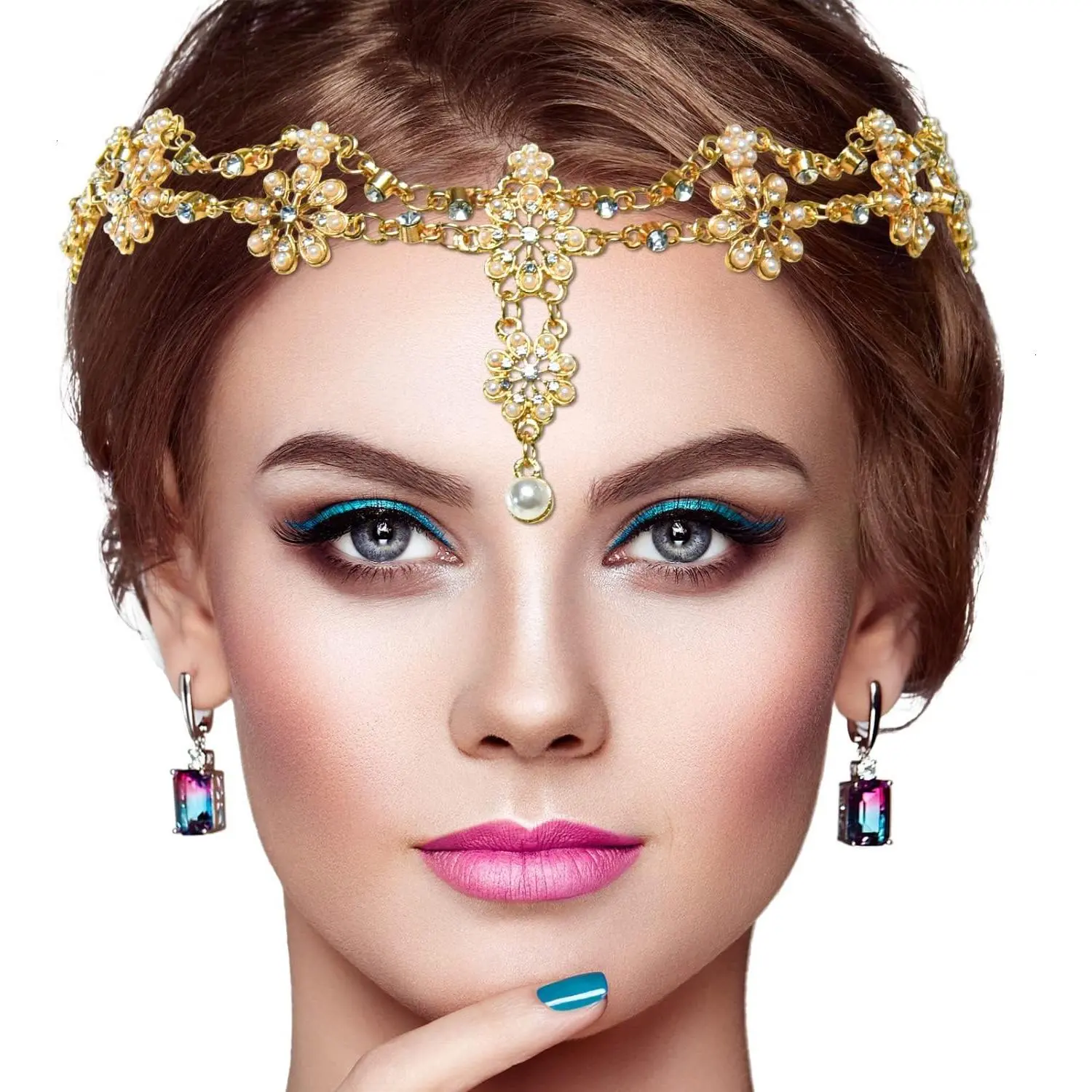 Chain  Headband  Bohemian Hair Accessories with Peal Women  Chains Forehead Chain Rhinestone Headpieces with Drop Pendant