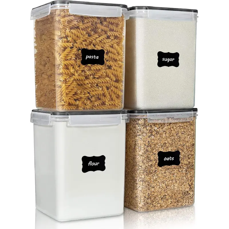 4 PCS Large Food Storage Containers 5.2L / 175oz, 4 Pieces BPA Free Plastic Airtight Canisters for Flour, Sugar, Baking Supplies, Rice with Lids, 4 Measuring Cups and 24 Labels, Black