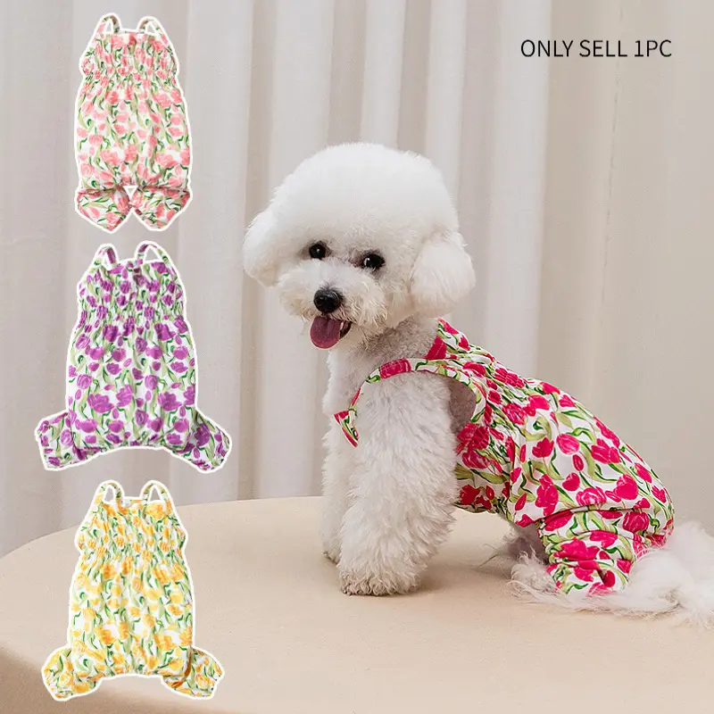 Spring Summer Tulip Print Pet Suspender Jumpsuit, Ruched Elastic Waist Thin Breathable Puppy Outfit, Cute Floral Sling Four-Leg Clothes for Small Dogs, Lightweight Daily Casual Home Wear for Bichon Teddy Pomeranian