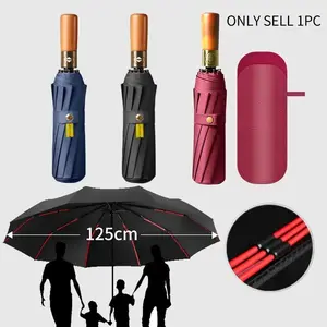 Automatic Folding Umbrella Double Person Wooden Handle Aluminum Alloy Frame Black Glue Fabric   UV Protection 3-Fold Umbrella, B