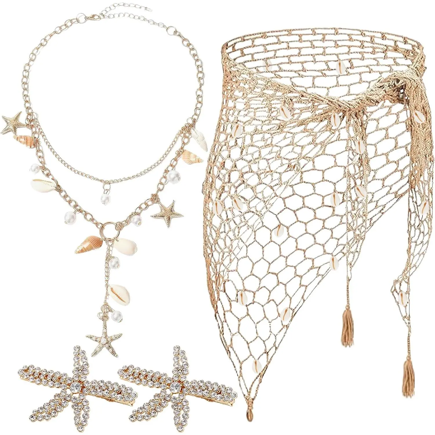 Women's 4-Piece Mermaid Accessories Set - Boho Seashell Starfish Necklace, Crochet Loose Skirt, Hair Clip - High-Quality, Easy-to-Support Summer Beach Party Supplies (Baby & Maternity Costume Jewelry), Merrmaid Accessories Set, No, Everyday