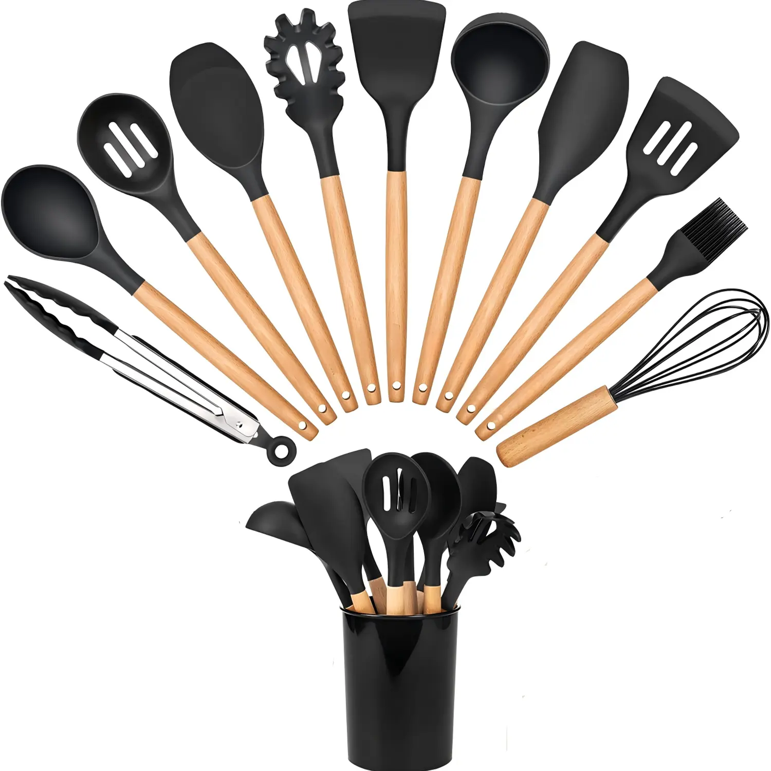 12 PCS Silicone-Wood Kitchen Utensils Set with Wooden Handles, Food-Grade Heat-Resistant Spatulas & Spoons, BPA-Free Durable Various Tools for Nonstick Cookware, Everyday Cook & Seamless Clean