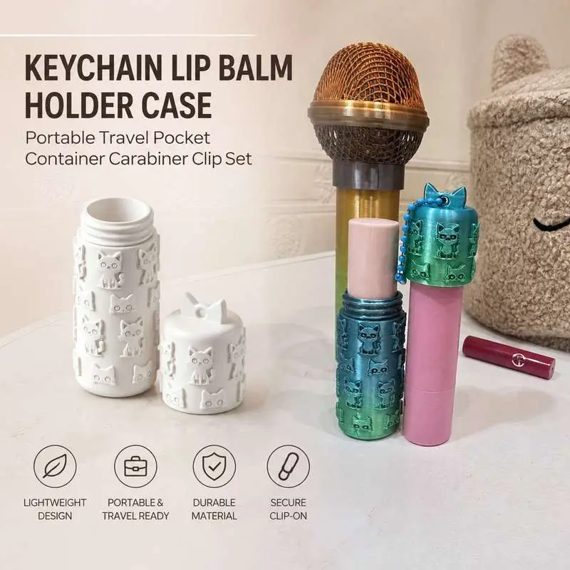 Keychain Lip Balm Holder Case Portable Travel Pocket Container Carabiner Clip Set