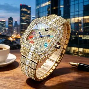 Full Iced Out Golden Zircon Watch, Colorful Roman Numeral Dial, Santos Style Luxury Hip Hop Wristwatch with Date, Sparkling Crystal Encrusted Statement Watch for Men Women