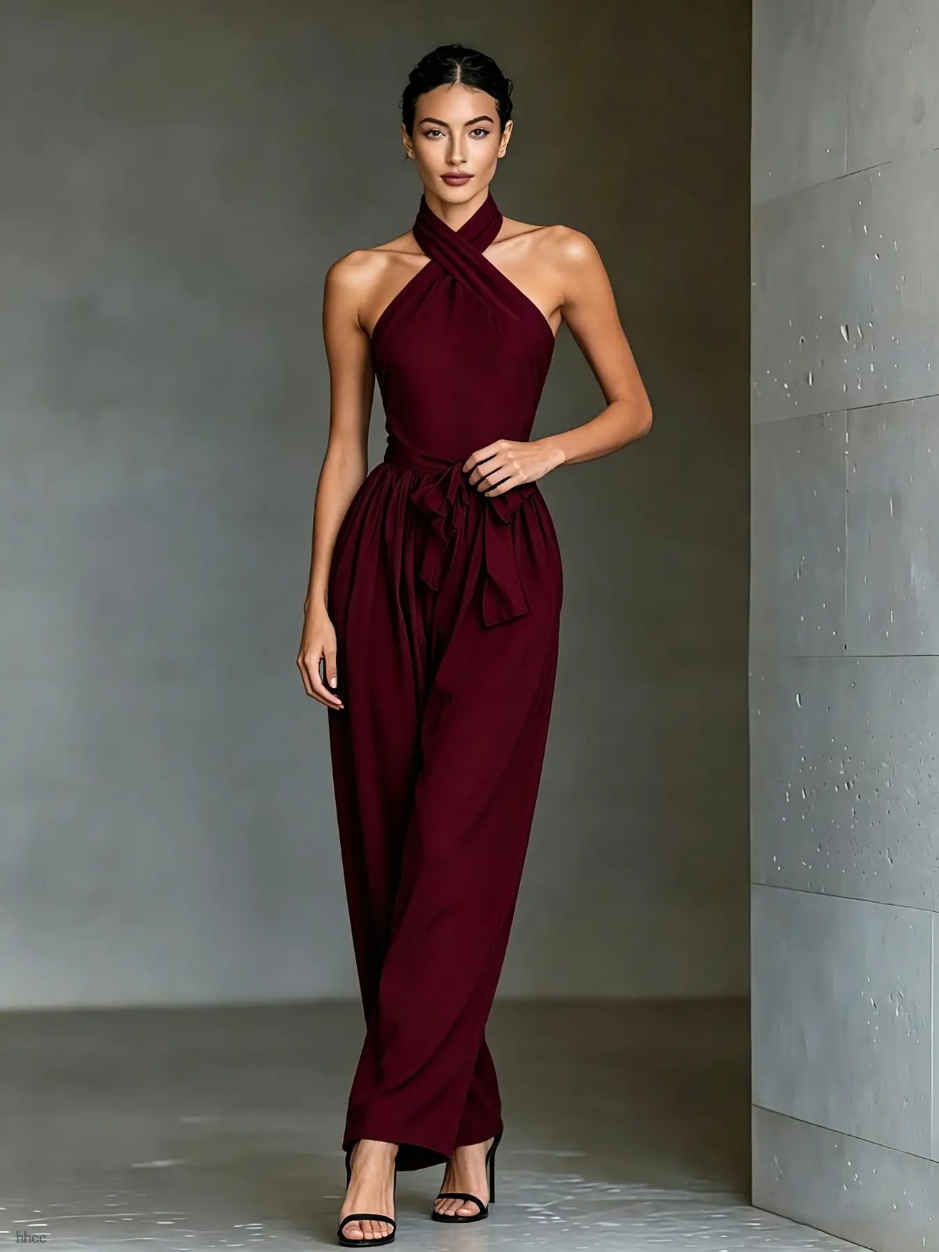 Women's Cross Neck One-Piece Pants with Belt, Wide Leg Long Pants, Side Pocket Design, Lightweight Breathable Home Wear, Vacation Casual Sleepwear