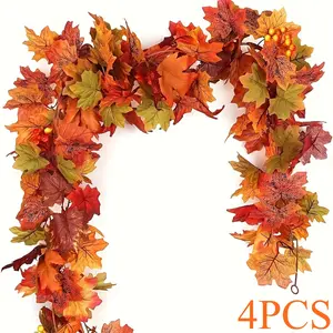 4PCS Artificial Maple Leaf Wreaths, Realistic Autumn Red Orange Yellow Green Heavy-Duty Plastic Fall Vine for Thanksgiving Halloween Wedding Decor, No Power Required, Indoor Outdoor Home Garden Ornaments
