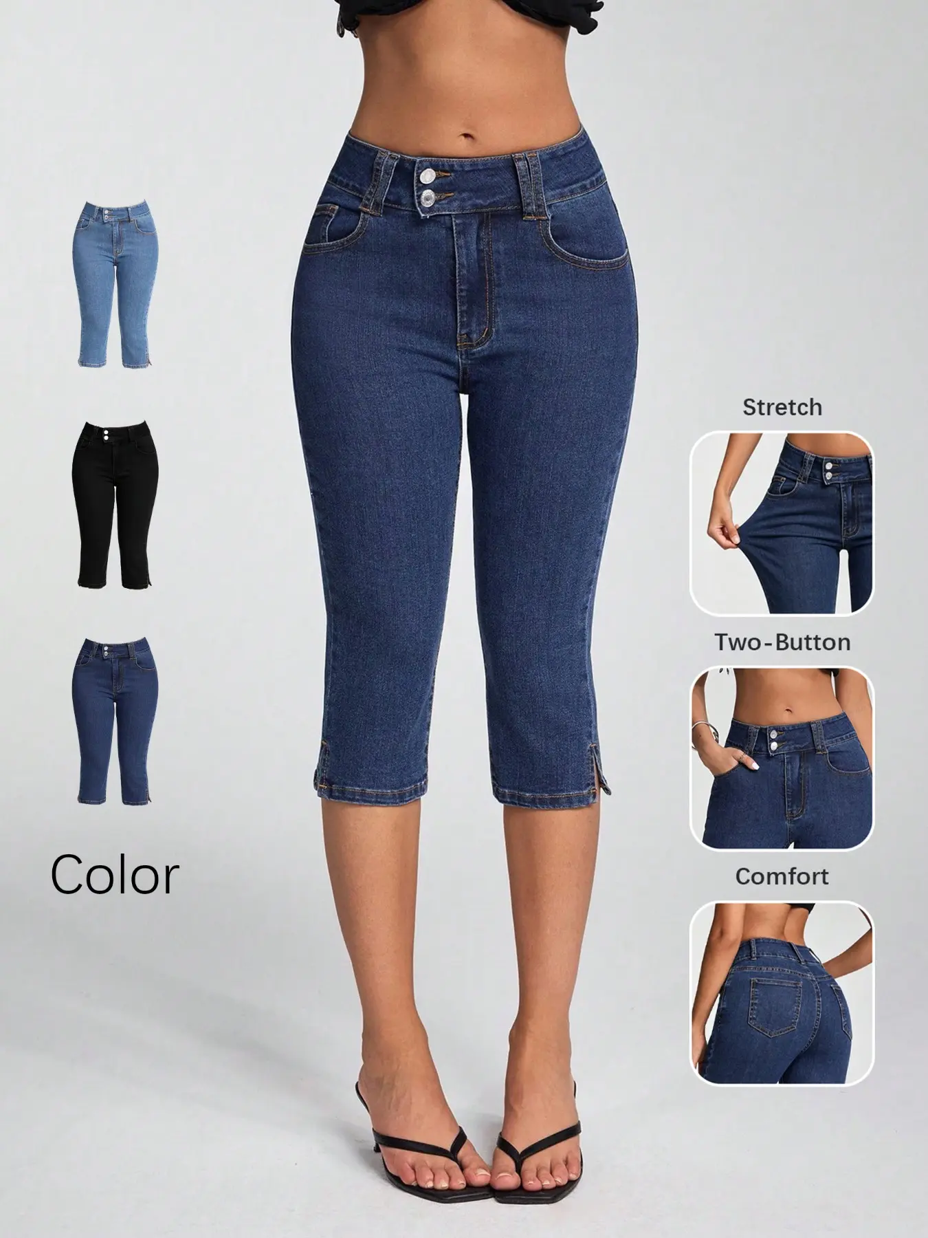 Women's Casual High-Waisted Cool Seven-Quarter Jeans Bottoms, Dual Button Elastic Side Slit Thin Tight Fit Capri Pants for Summer