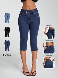 Women's High-Waisted Cool Seven-Quarter Jeans, Dual Button Elastic Fitted Side Slit, Summer Thin Casual Tight Fit Capri Pants