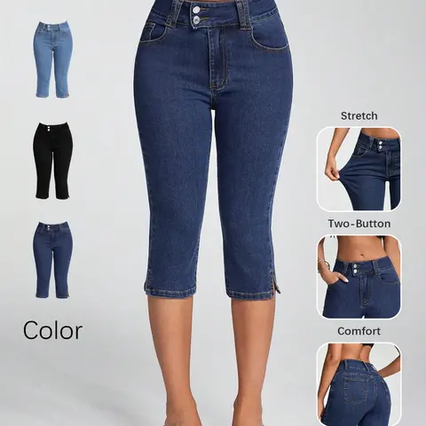 Women's Casual Basic High-Waisted Cool Seven-Quarter Button Fly Jeans Bottoms, Dual Button Elastic Side Slit Thin Tight Fit Capri Pants for Summer