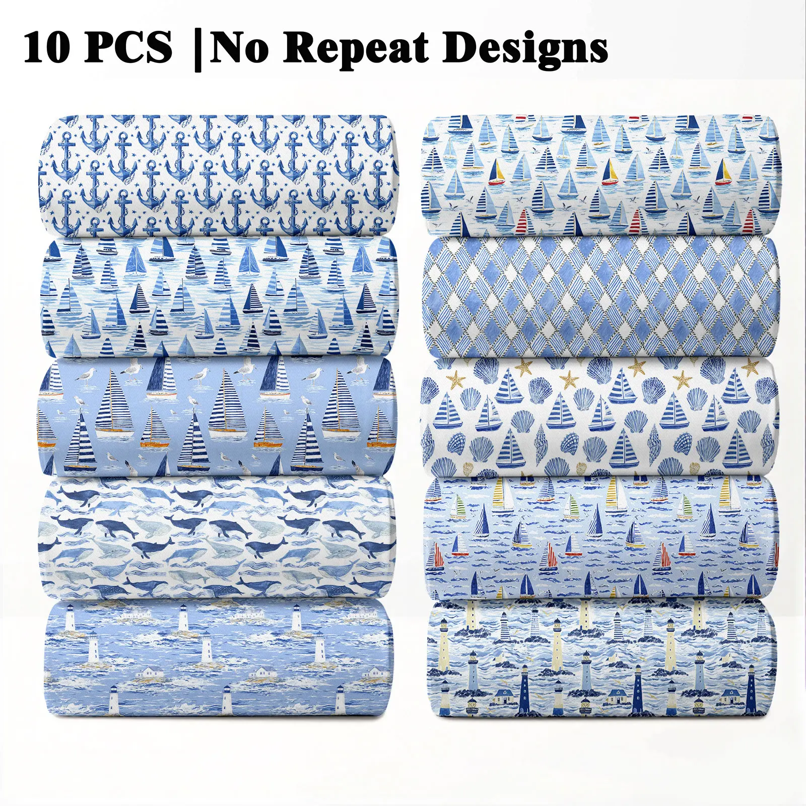 10PCS Coastal Living Print Fabric, 23x55cm (9x22in) Classic Ocean & Shoreline Pattern Quilting Beach Decor DIY