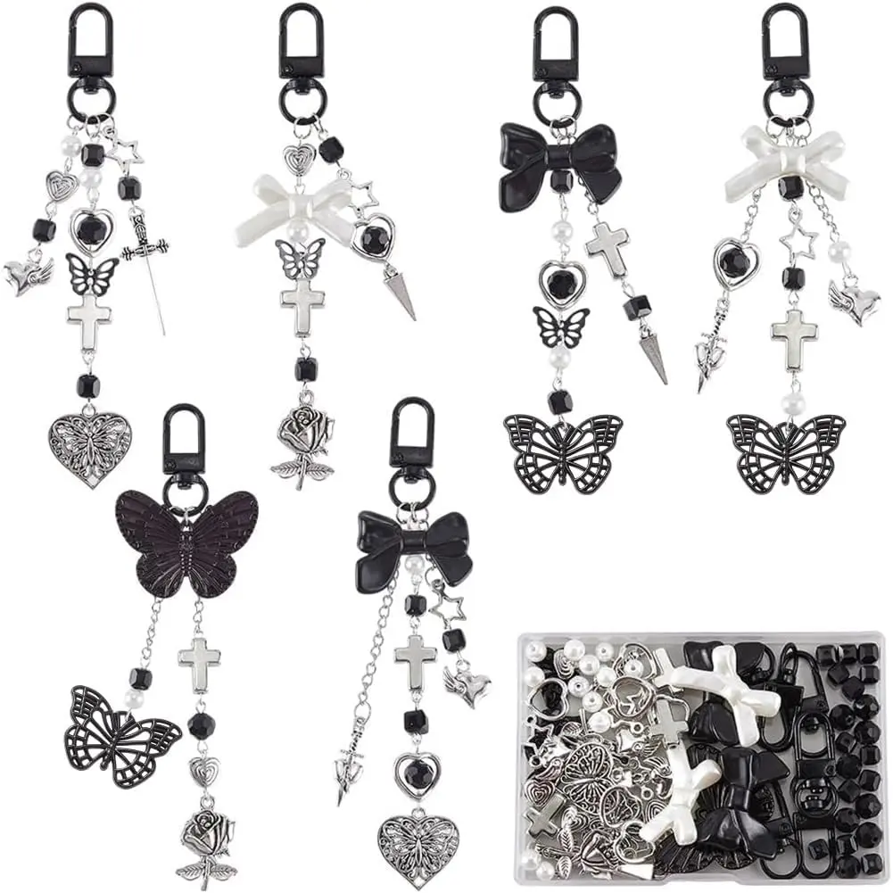 1 Box 160 count  Making Kits Gothic Key Chains Black Butterfly Beads Heart Charm Halloween Gothic Charms  Glass Spacer Beads for Keychains Making Women Adults DIY Crafts Supplies