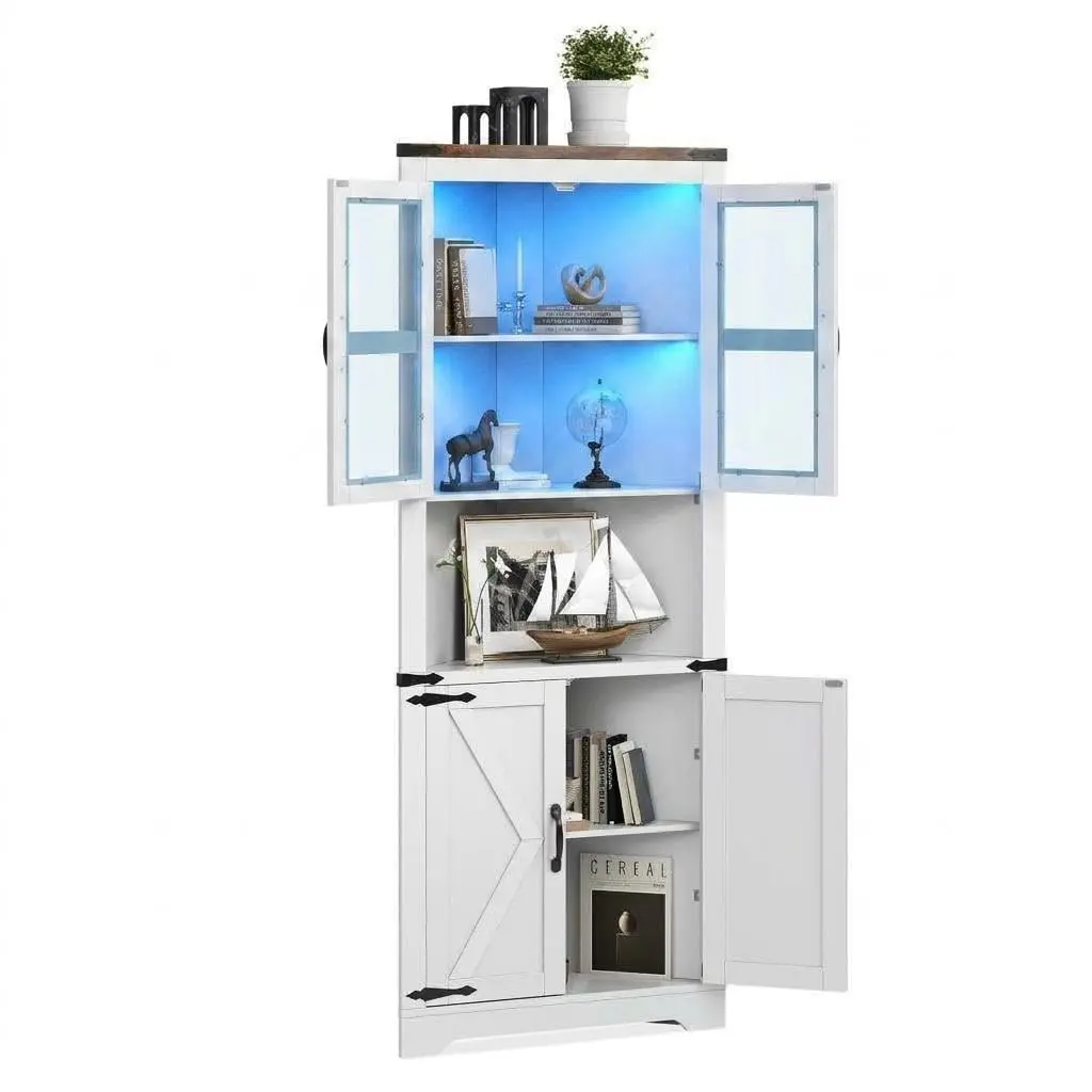 67 in Tall Corner Storage Cabinet with Lights, Farmhouse Hutch Display Cabinet featuring Glass Doors, Wooden Organizer for Kitchen, Living Room, Bathroom in White, Brown, and Washed Grey