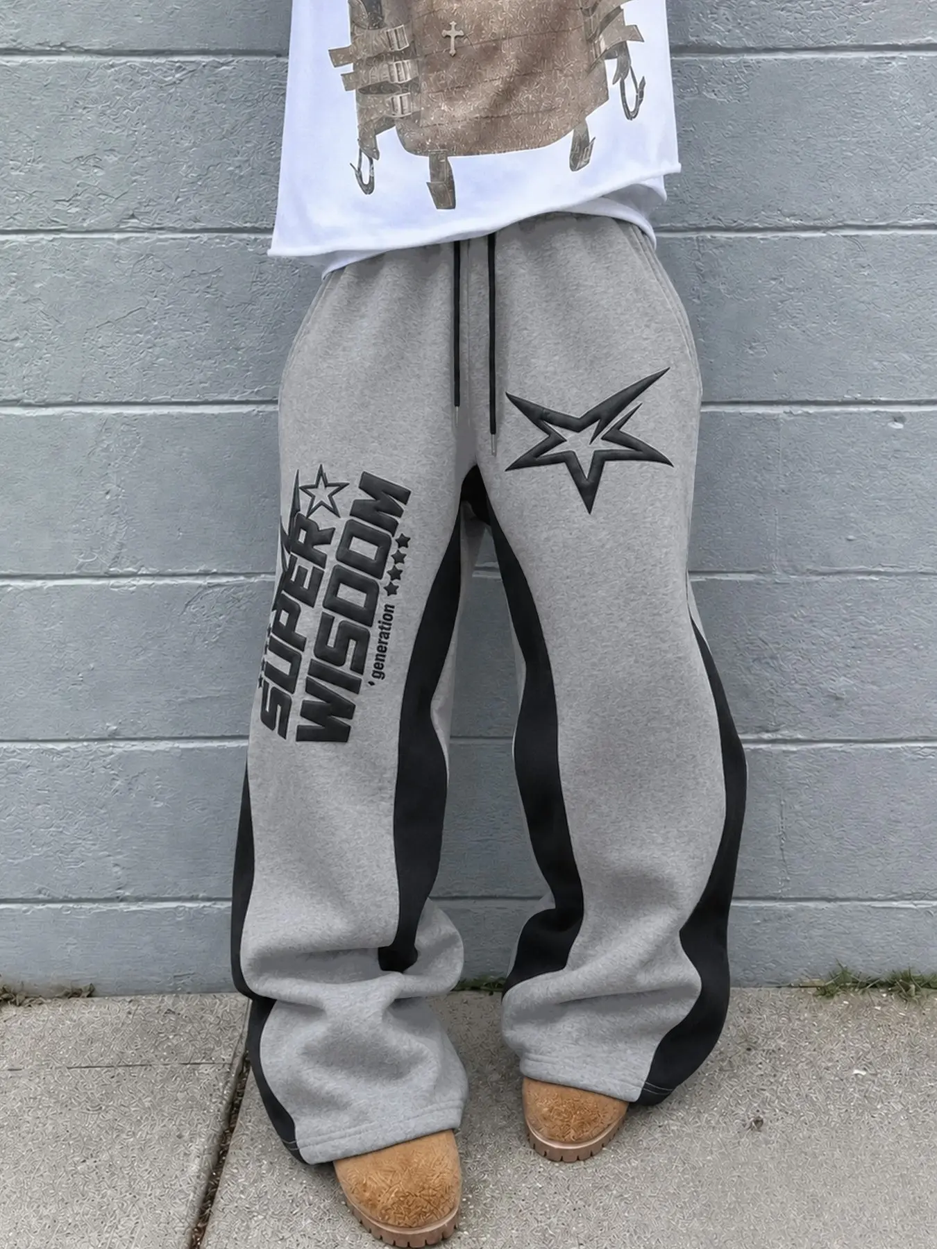 Men's Y2K Color Block Letter and Star Print Drawstring Sports Pants, Dark, Winter Style, Streetwear, Casual Loose Bell Bottoms